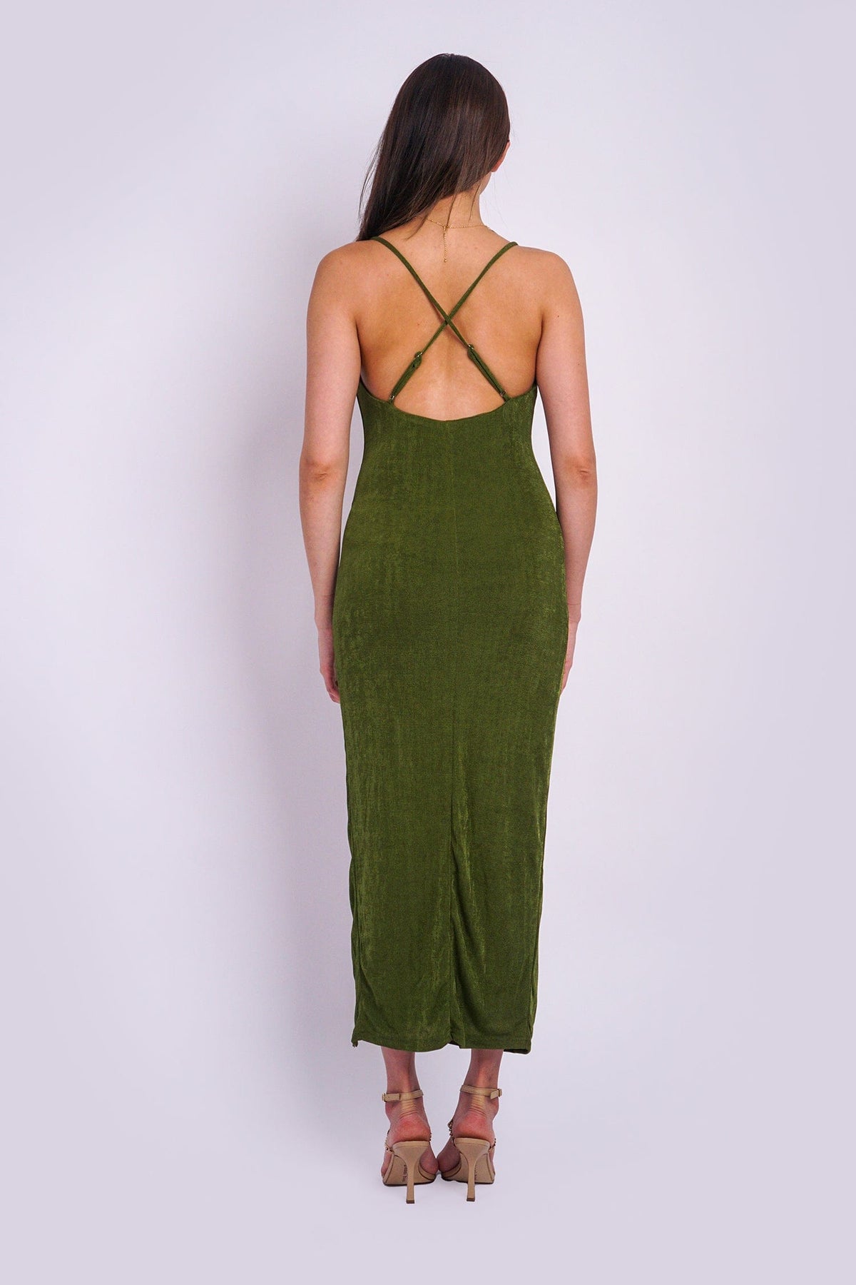 DCD DRESSES Avocado Green Cowl Slit Maxi Dress