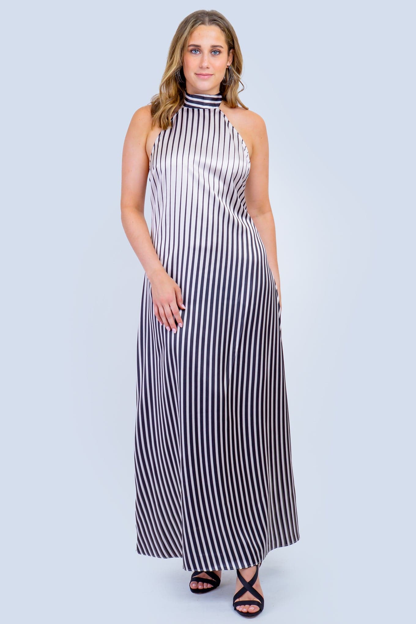 DCD DRESSES Black and Cream Stripe Halter Maxi Dress