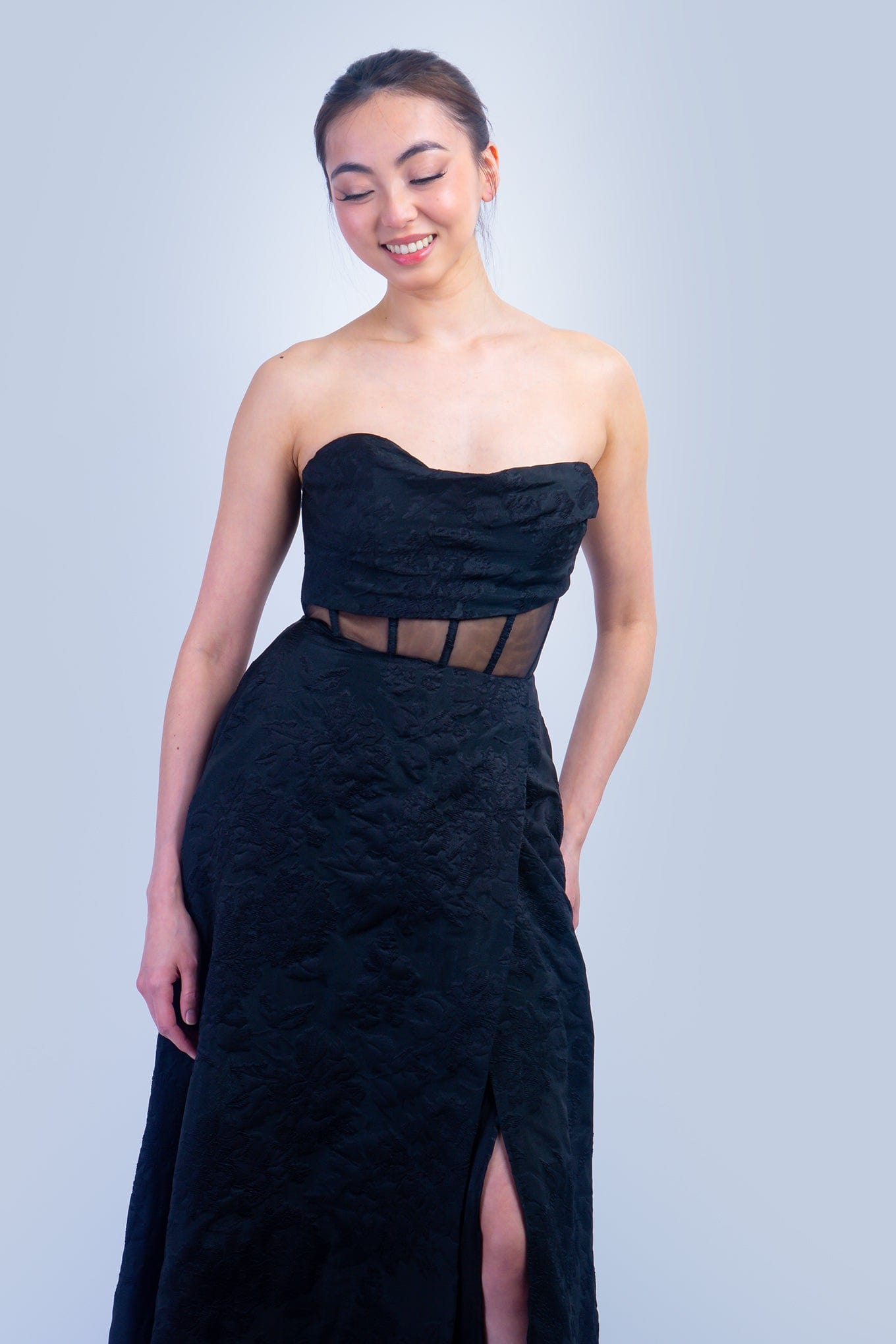 DCD DRESSES Black Strapless Brocade Corset Gown