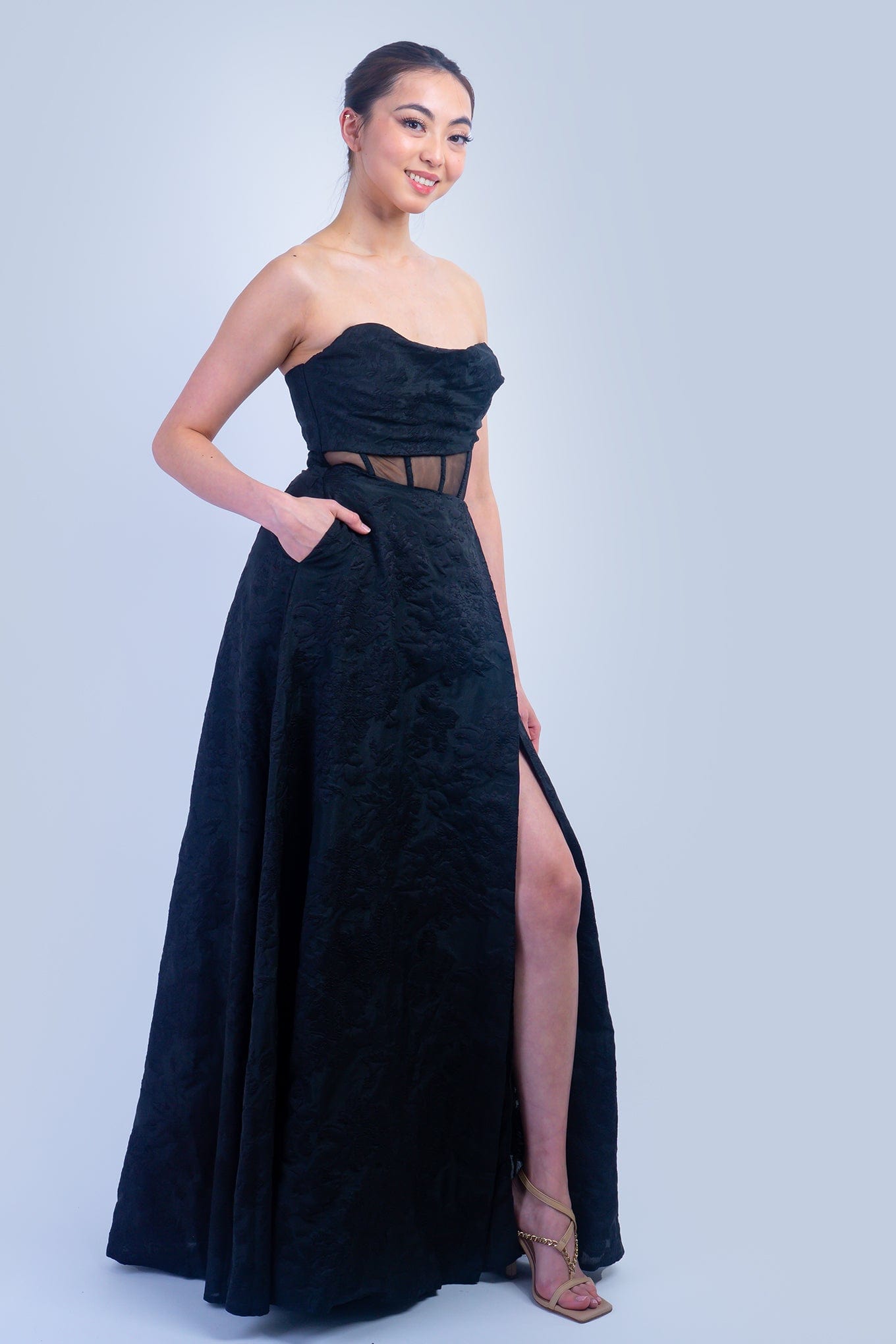 DCD DRESSES Black Strapless Brocade Corset Gown