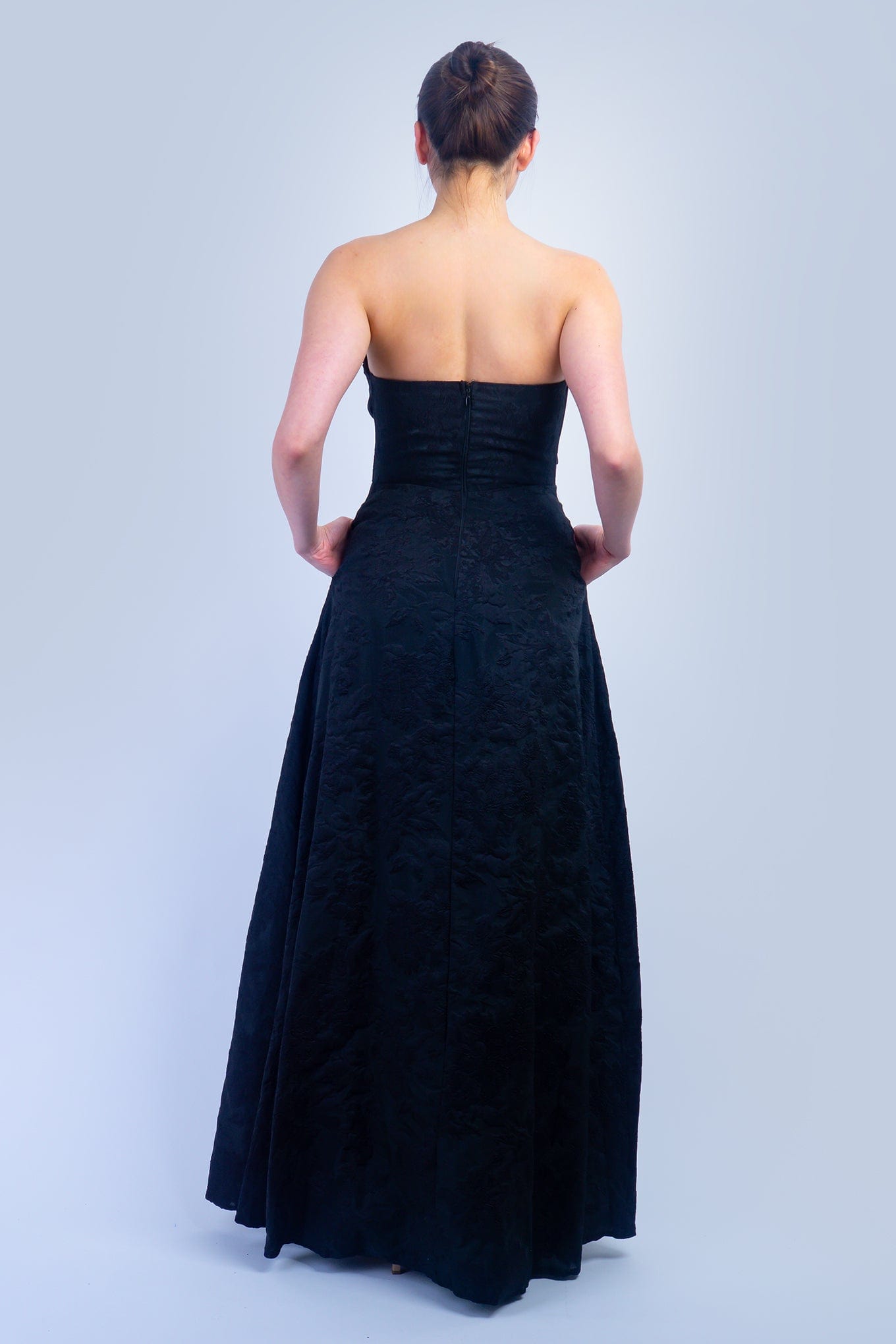 DCD DRESSES Black Strapless Brocade Corset Gown