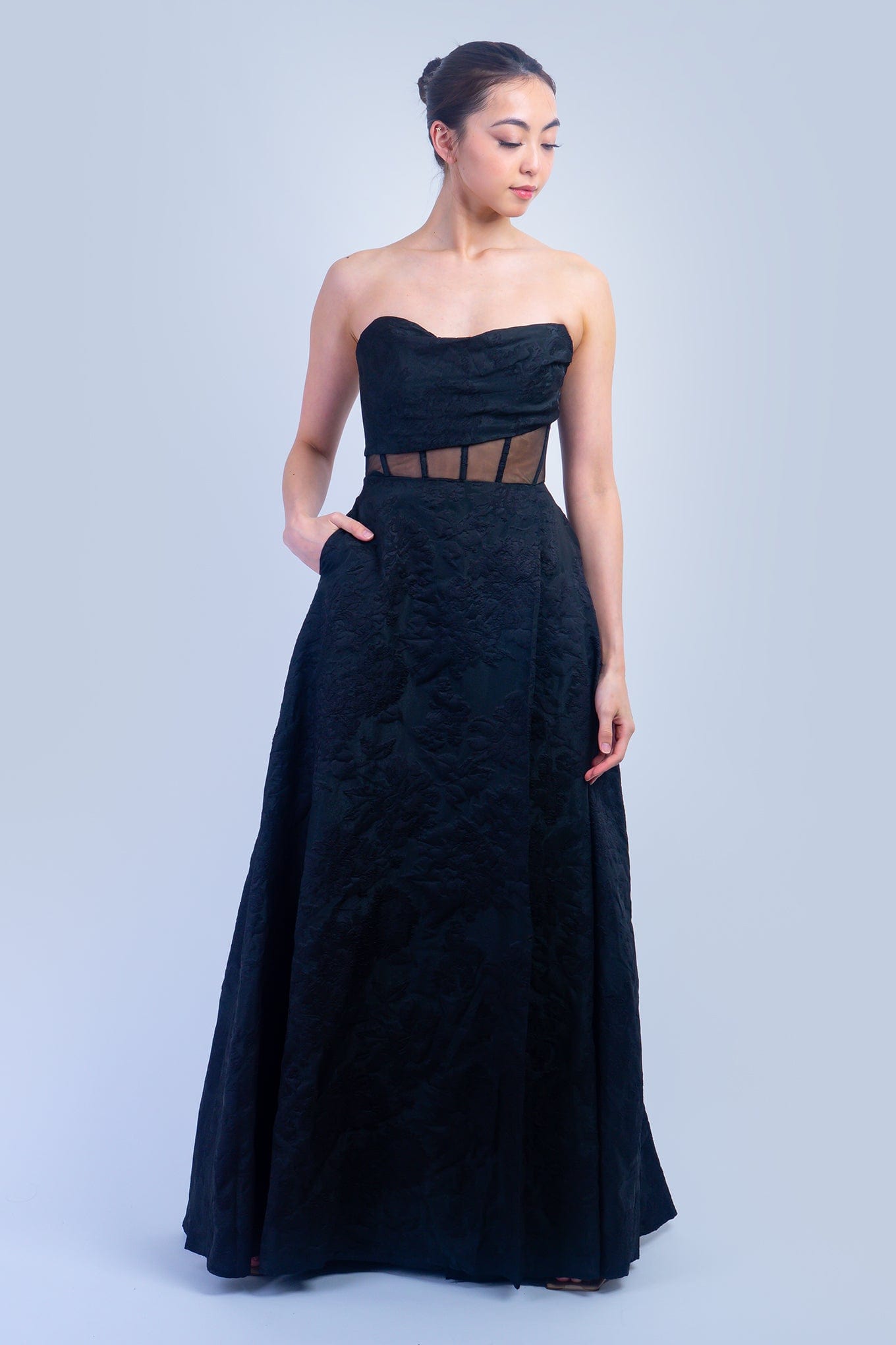 DCD DRESSES Black Strapless Brocade Corset Gown