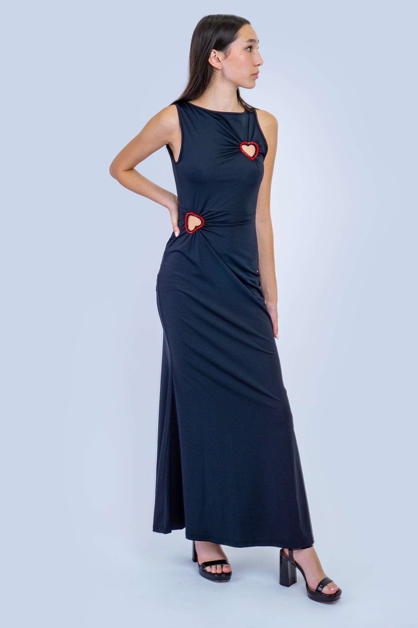 DCD DRESSES Black with Red Rhinestone Heart Maxi Dress