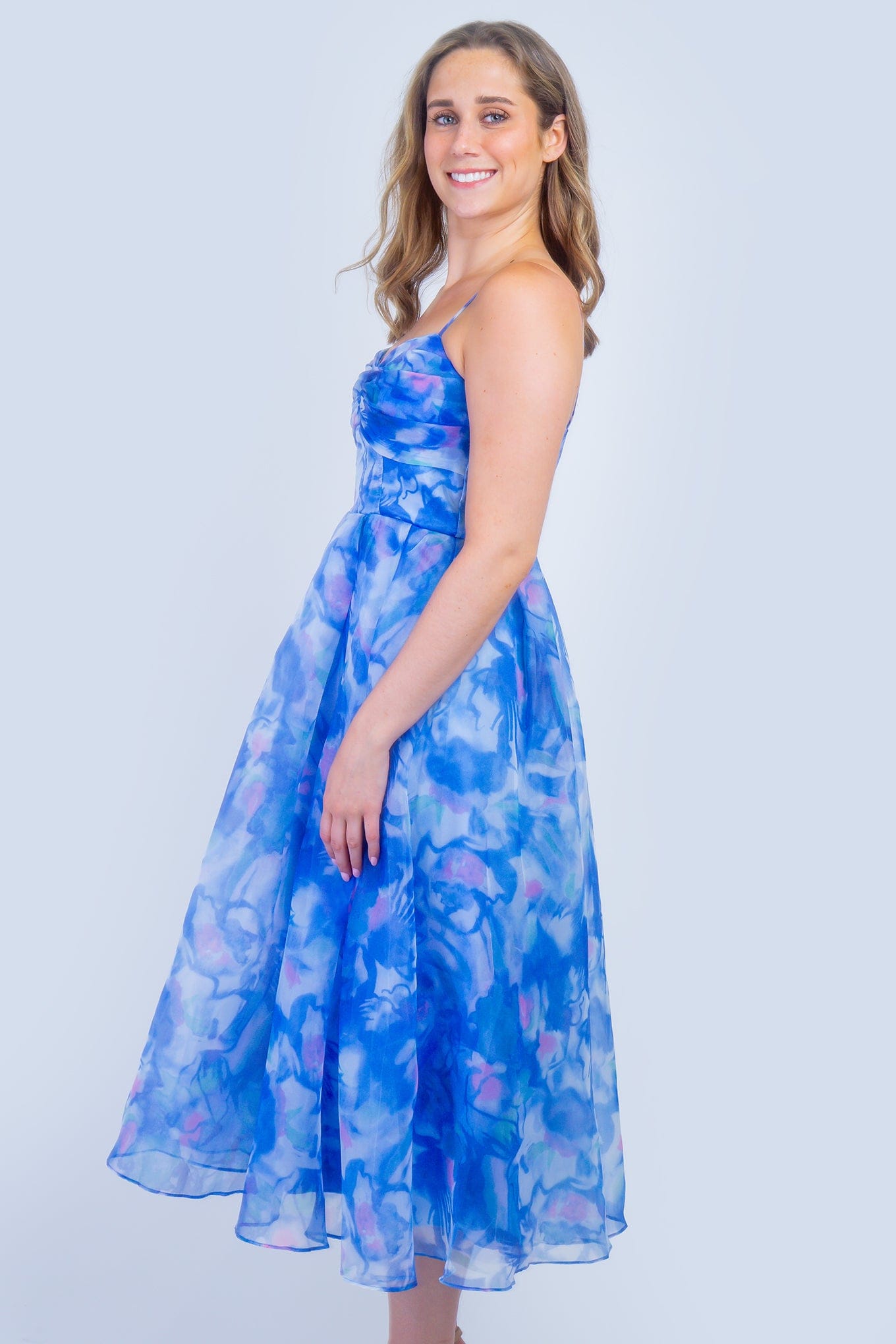 DCD DRESSES Blue Pink Organza Fit and Flare Midi Dress