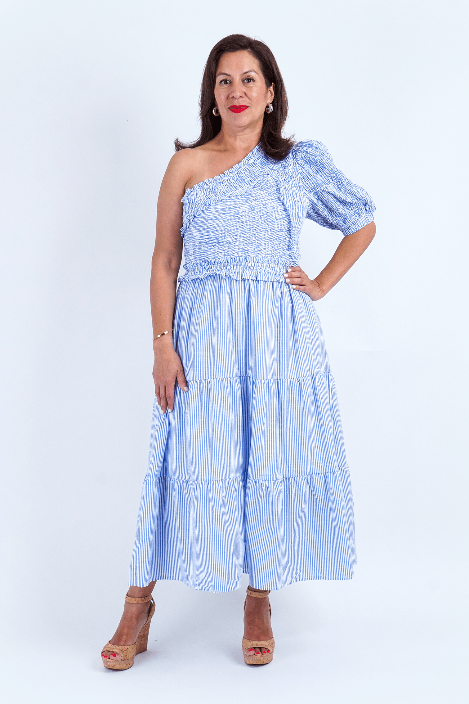 Chloe Dao Boutique DRESSES Blue Stripe Smocked One Shoulder Midi Dress
