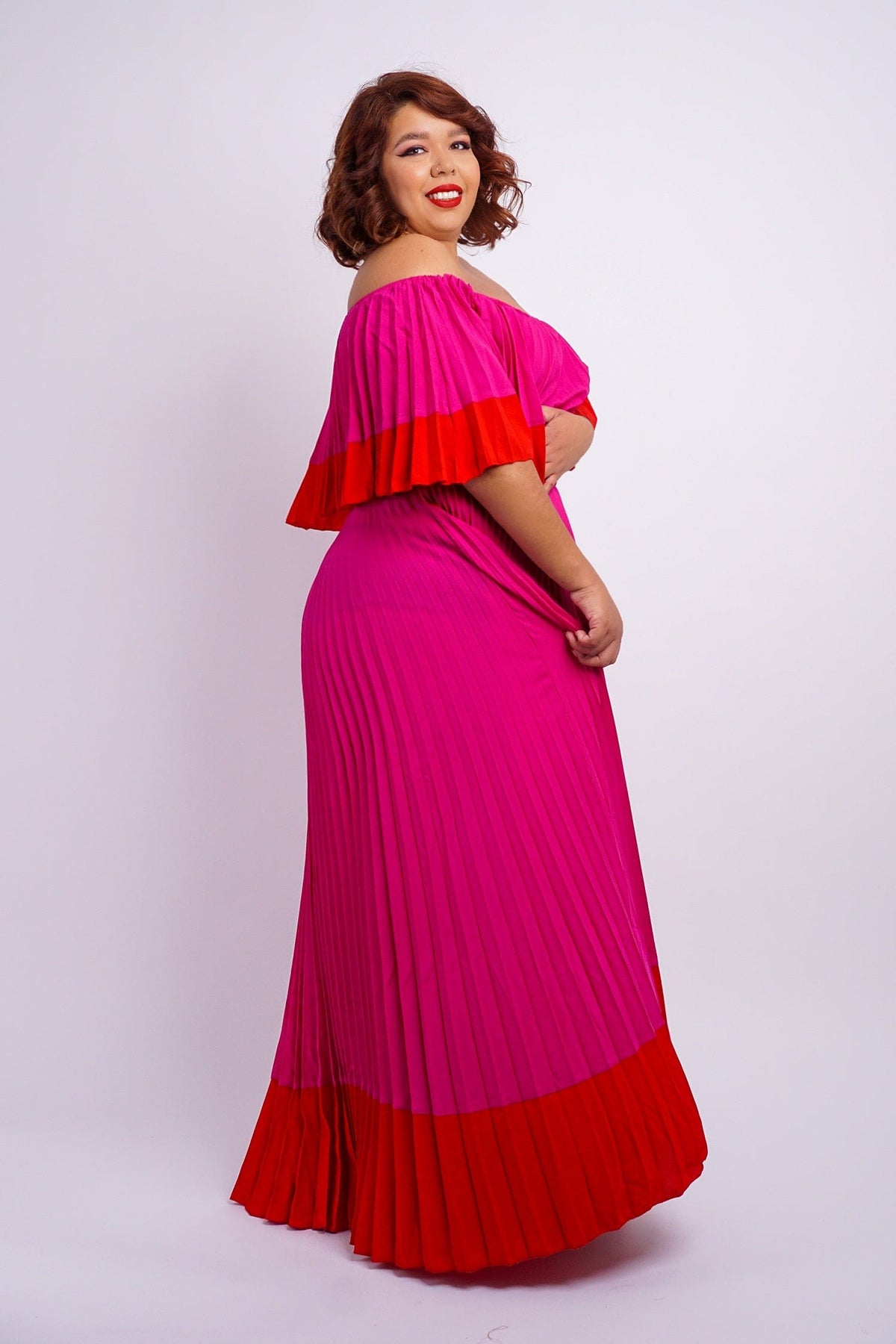 DCD DRESSES Fuchsia Color Block Off Shoulder Pleats Dress