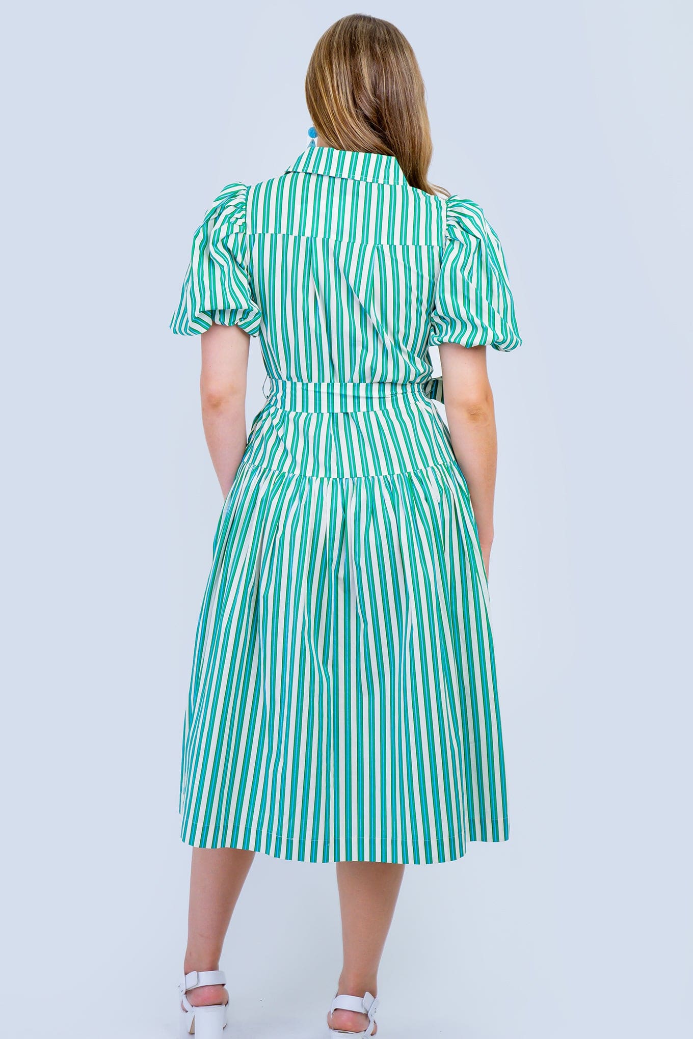 DCD DRESSES Green and White Stripe Balloon Sleeve Midi Dress
