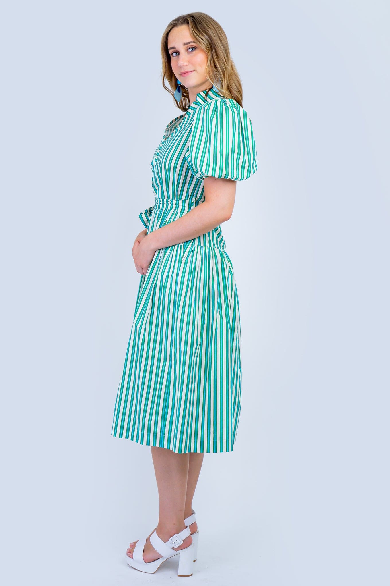 DCD DRESSES Green and White Stripe Balloon Sleeve Midi Dress