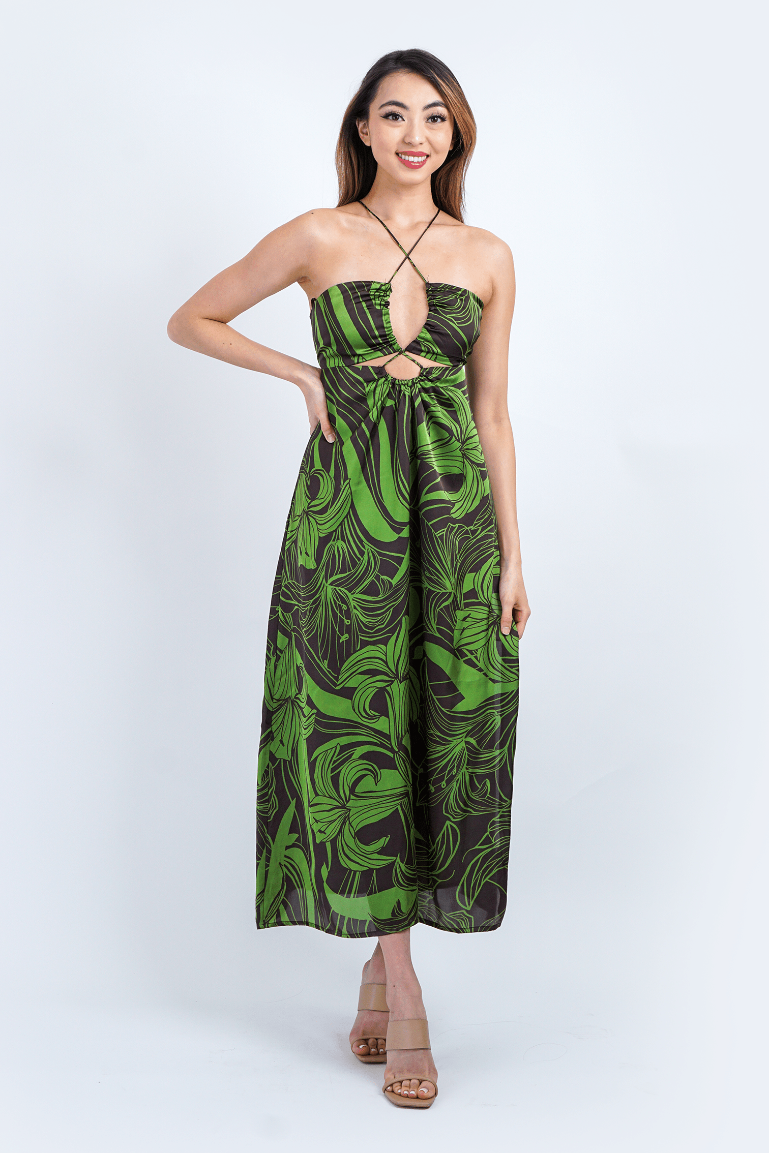 DCD DRESSES Green/Brown Floral Print Halter Tie Maxi Dress