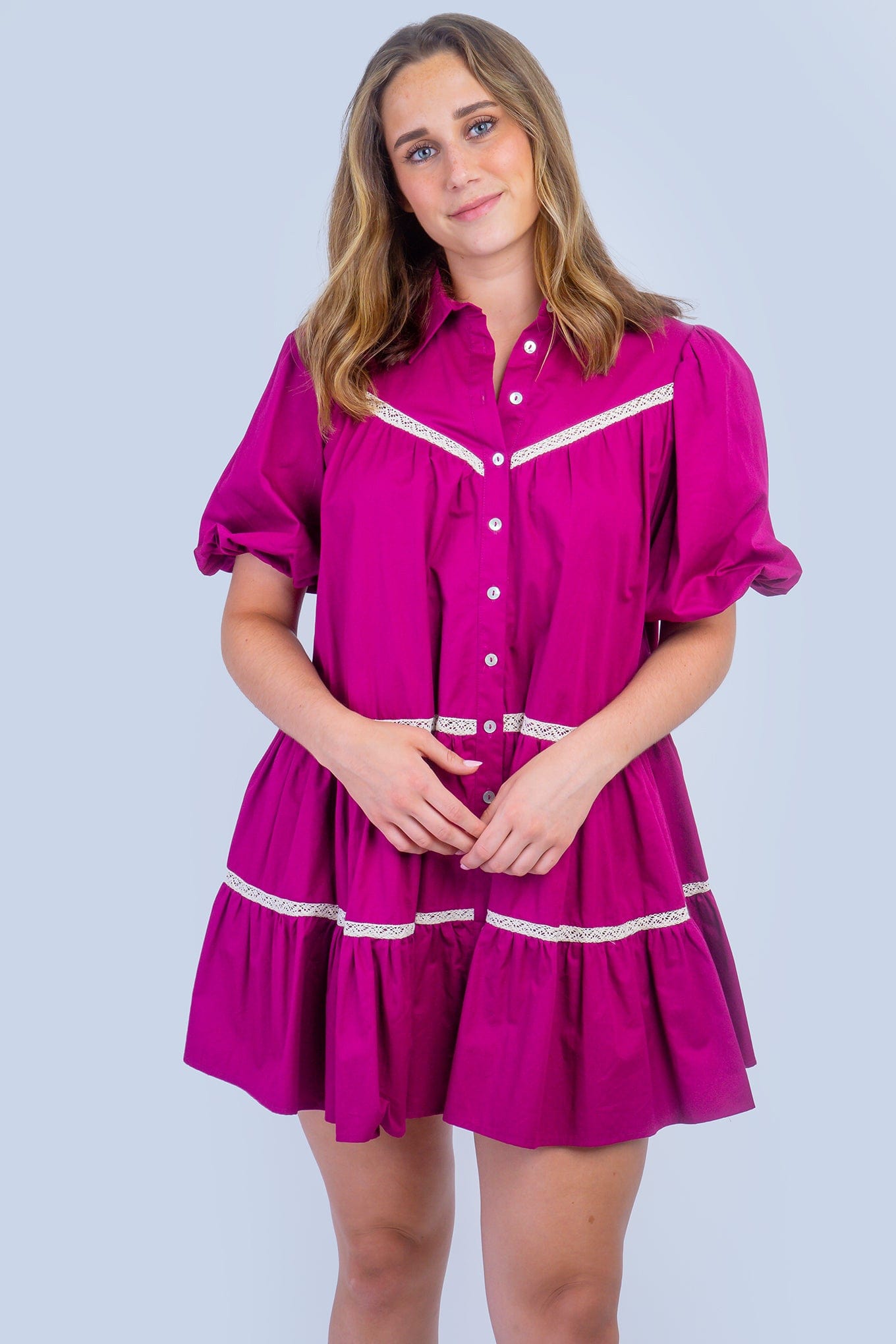 DCD DRESSES Magenta Lace Trim Babydoll Dress