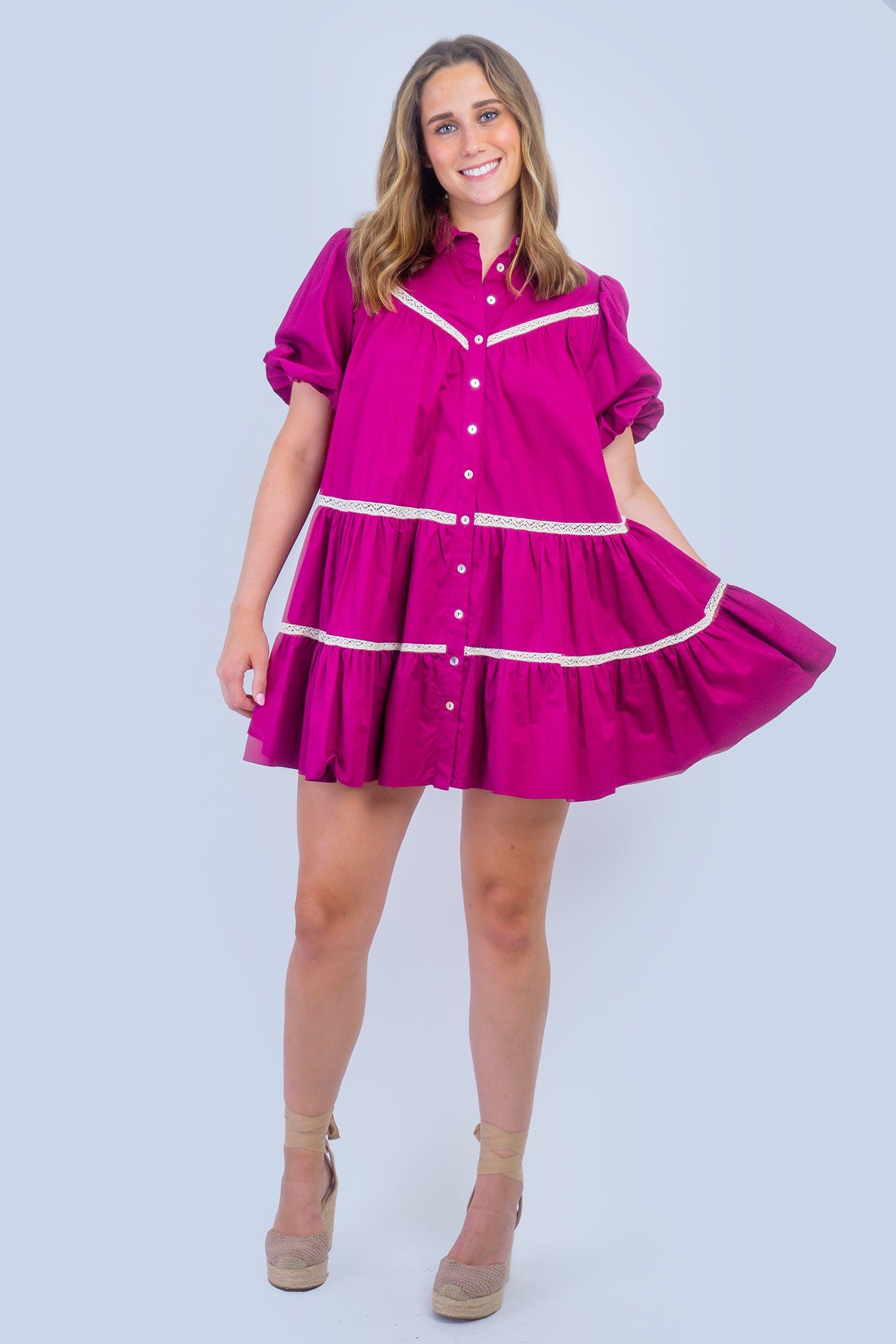 DCD DRESSES Magenta Lace Trim Babydoll Dress