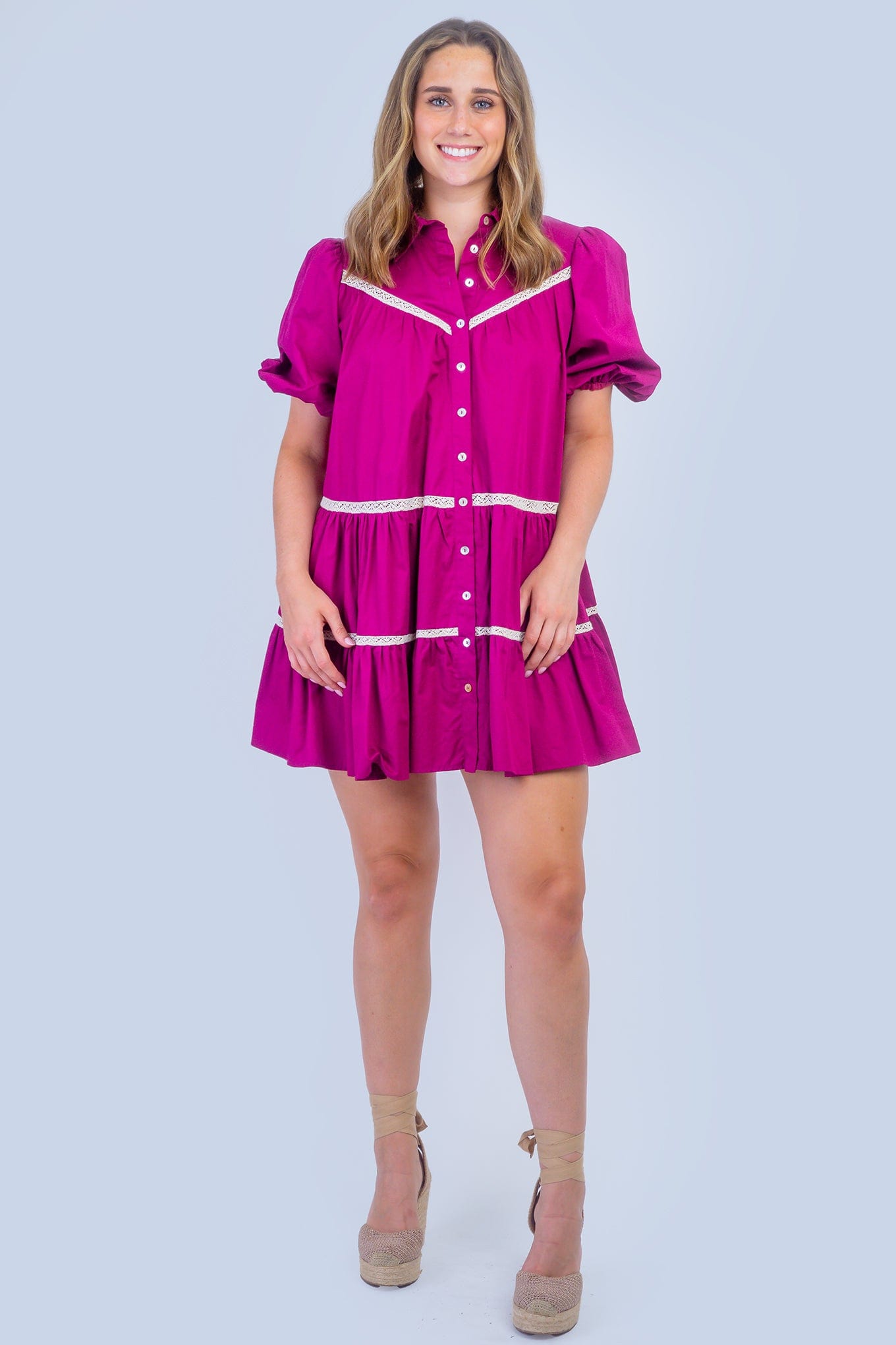 DCD DRESSES Magenta Lace Trim Babydoll Dress