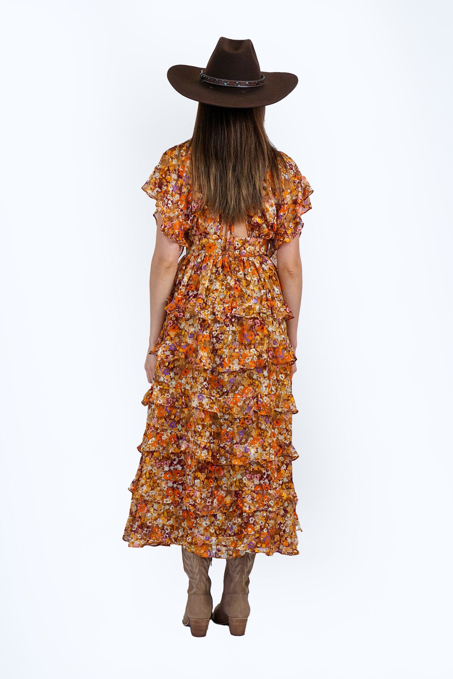 DCD DRESSES Multi Floral Foliage Leaf Ruffle Midi Dress