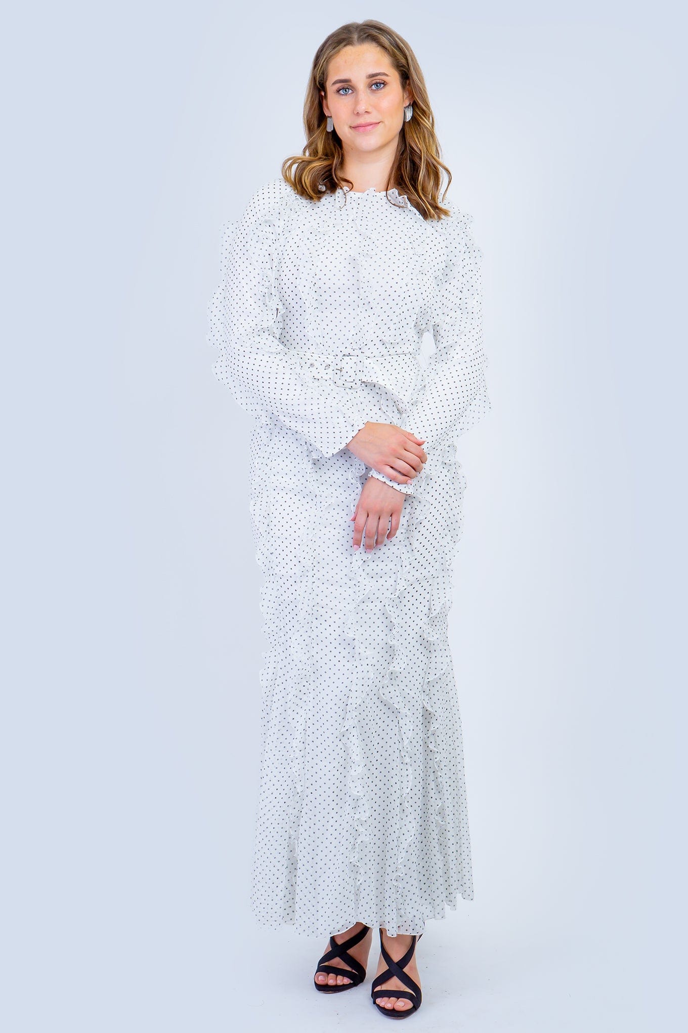 DCD DRESSES Off White Polka Dot Ruffles Maxi Dress