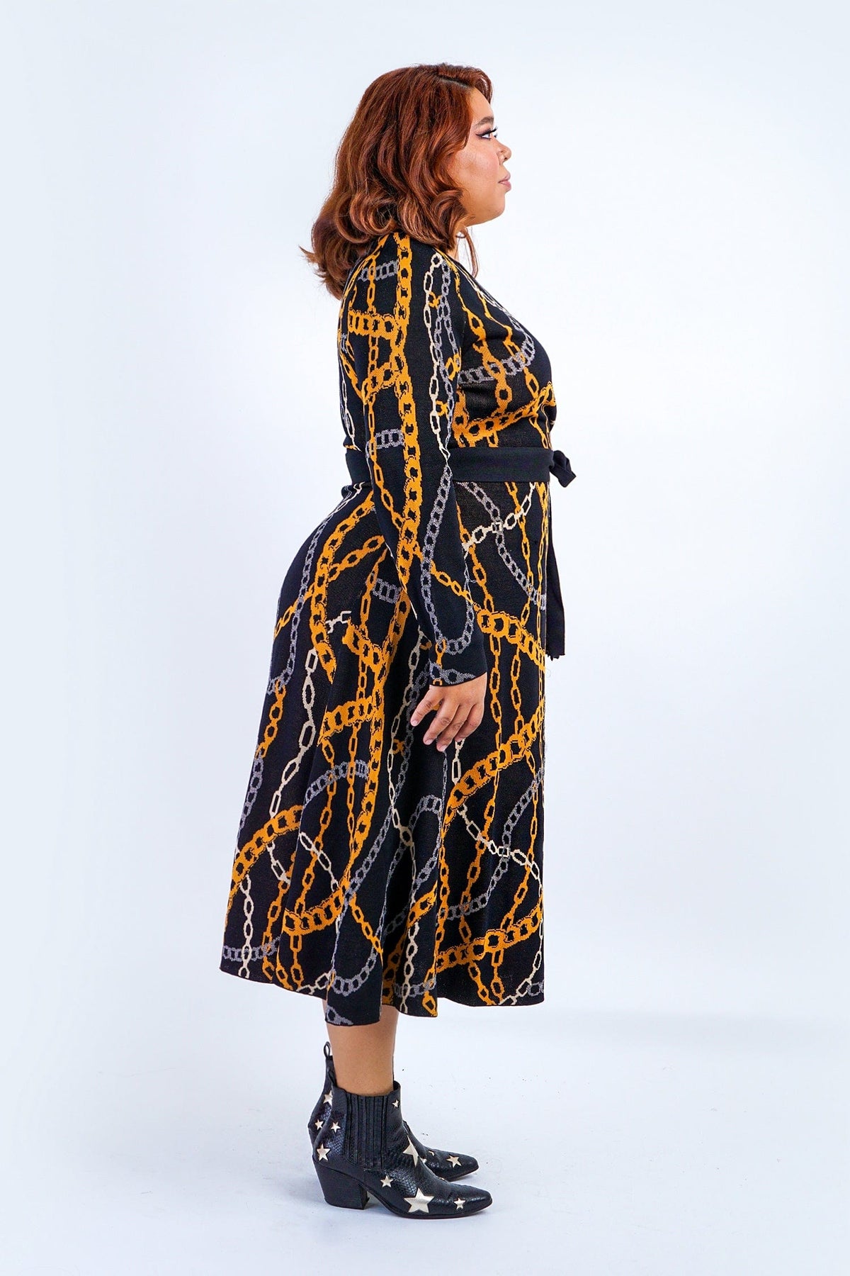 DCD DRESSES Plus Black Chain Print Knit Sweater Midi Dress