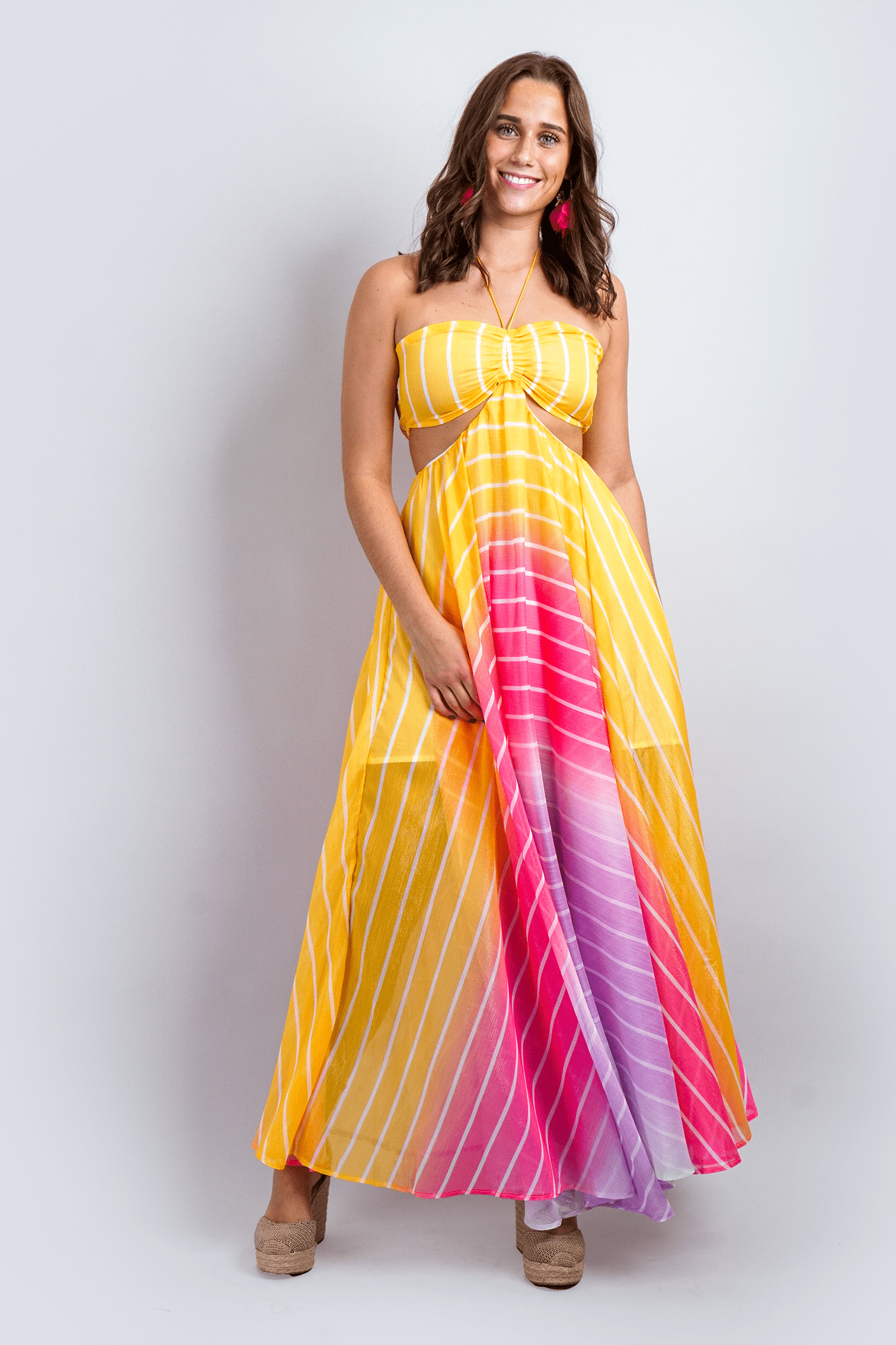DCD Rainbow Yellow and Pink Ombre Stripe Halter Maxi S Print