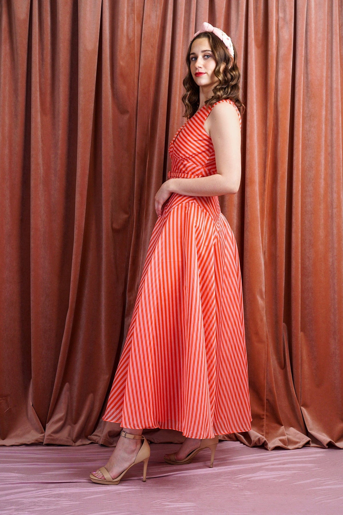 DCD DRESSES Red/ blush Stripe Organza Midi Dress