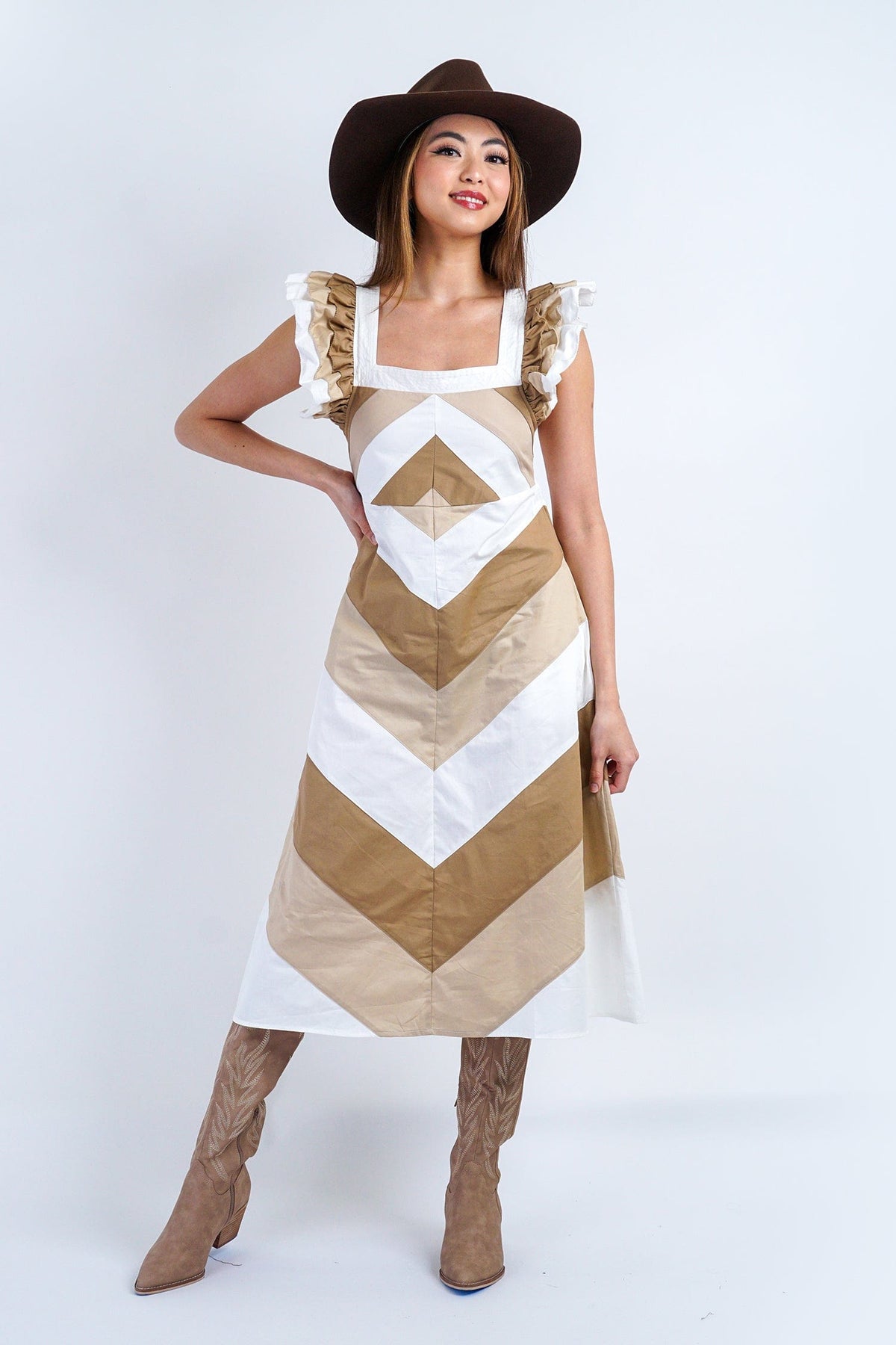 DCD DRESSES Tan/White/Beige Multi Line Print Midi Dress
