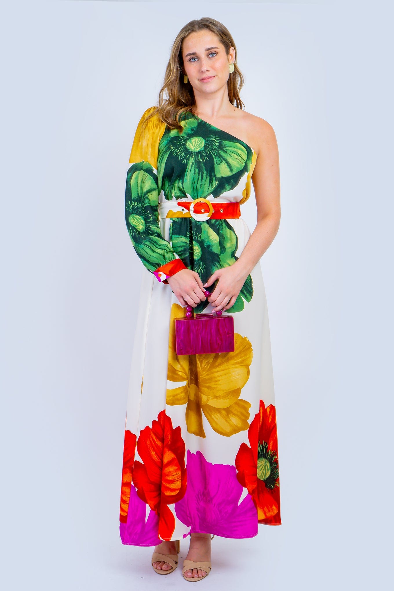 DCD DRESSES Tropical Floral One Shoulder Maxi Dress