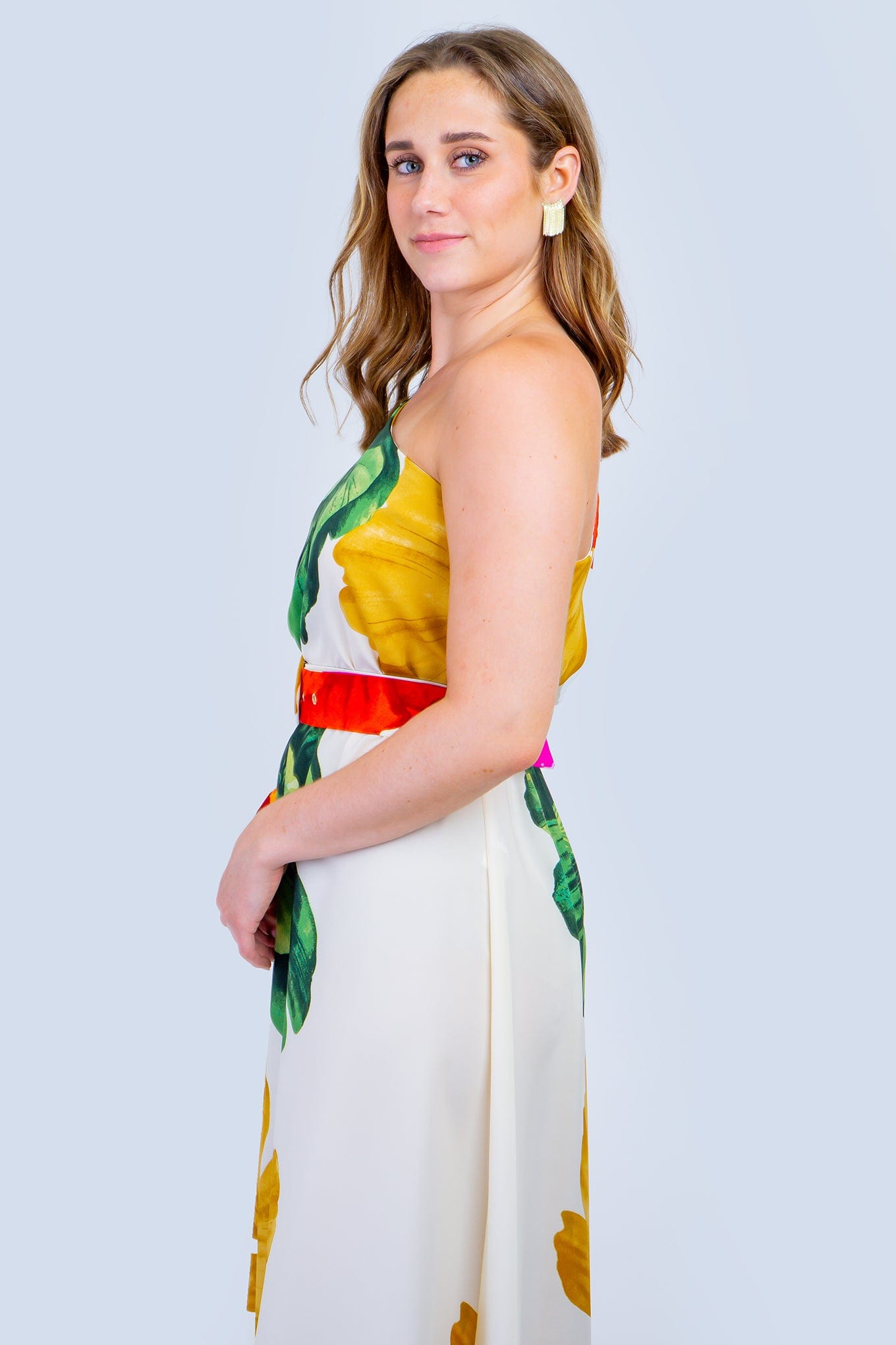 DCD DRESSES Tropical Floral One Shoulder Maxi Dress