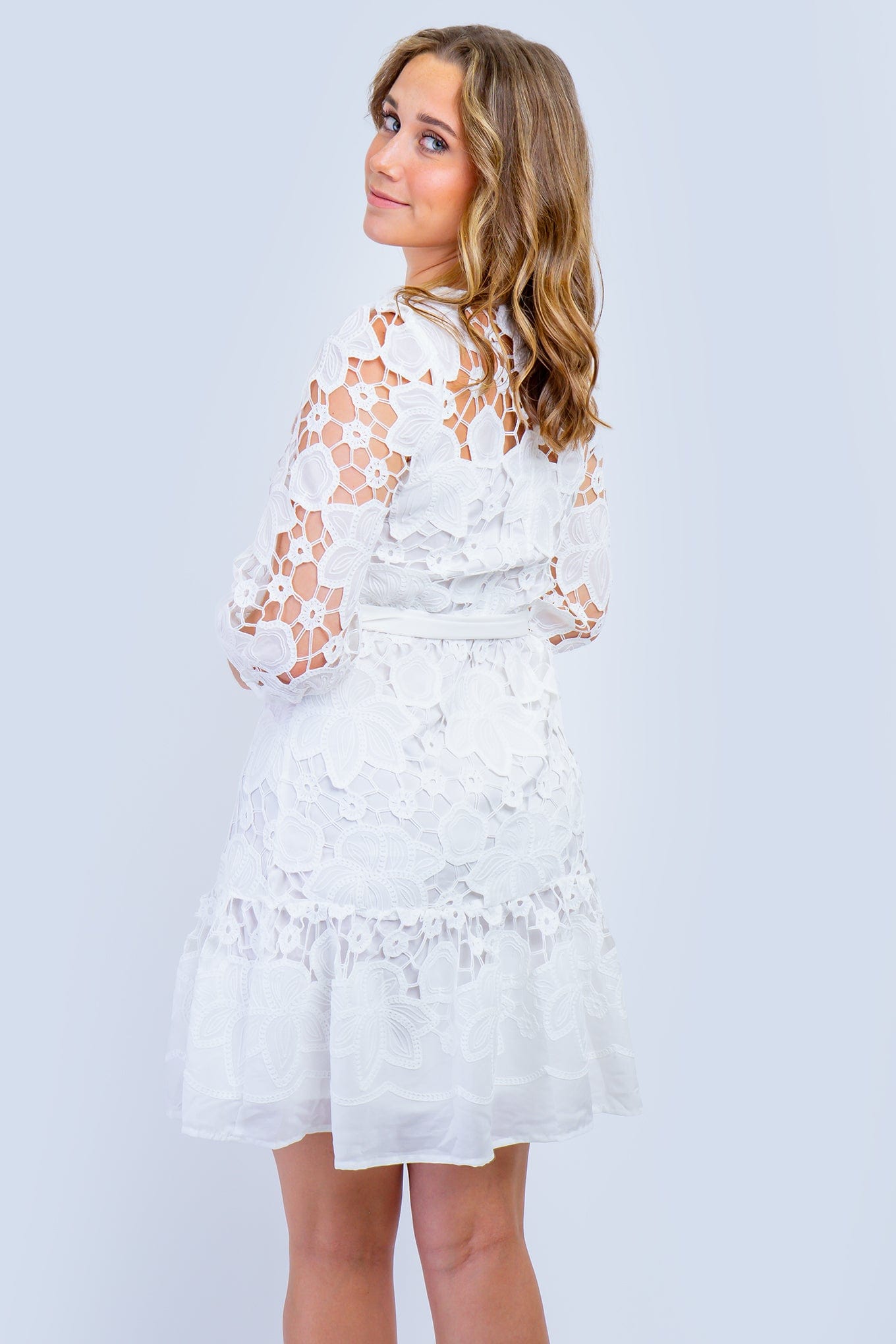 DCD DRESSES White Crochet Belt Flared Dress