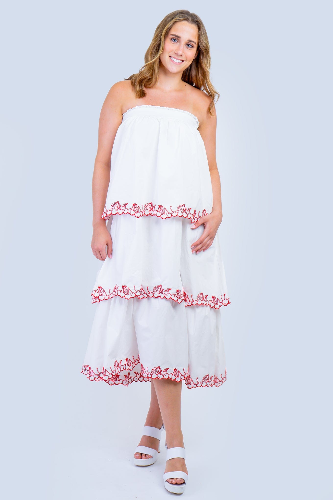 DCD DRESSES White Strapless Cherries Tiered Dress