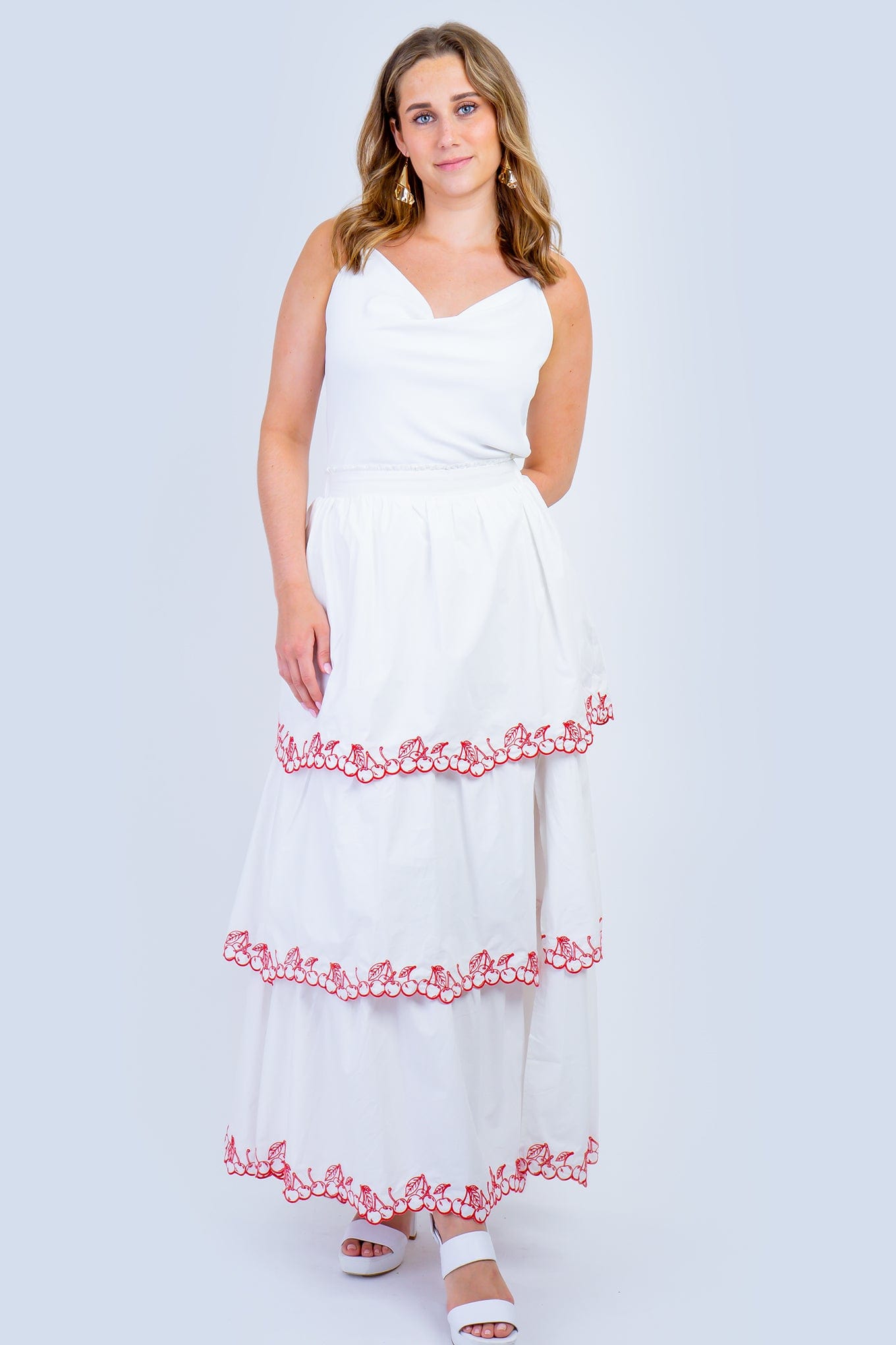 DCD DRESSES White Strapless Cherries Tiered Dress