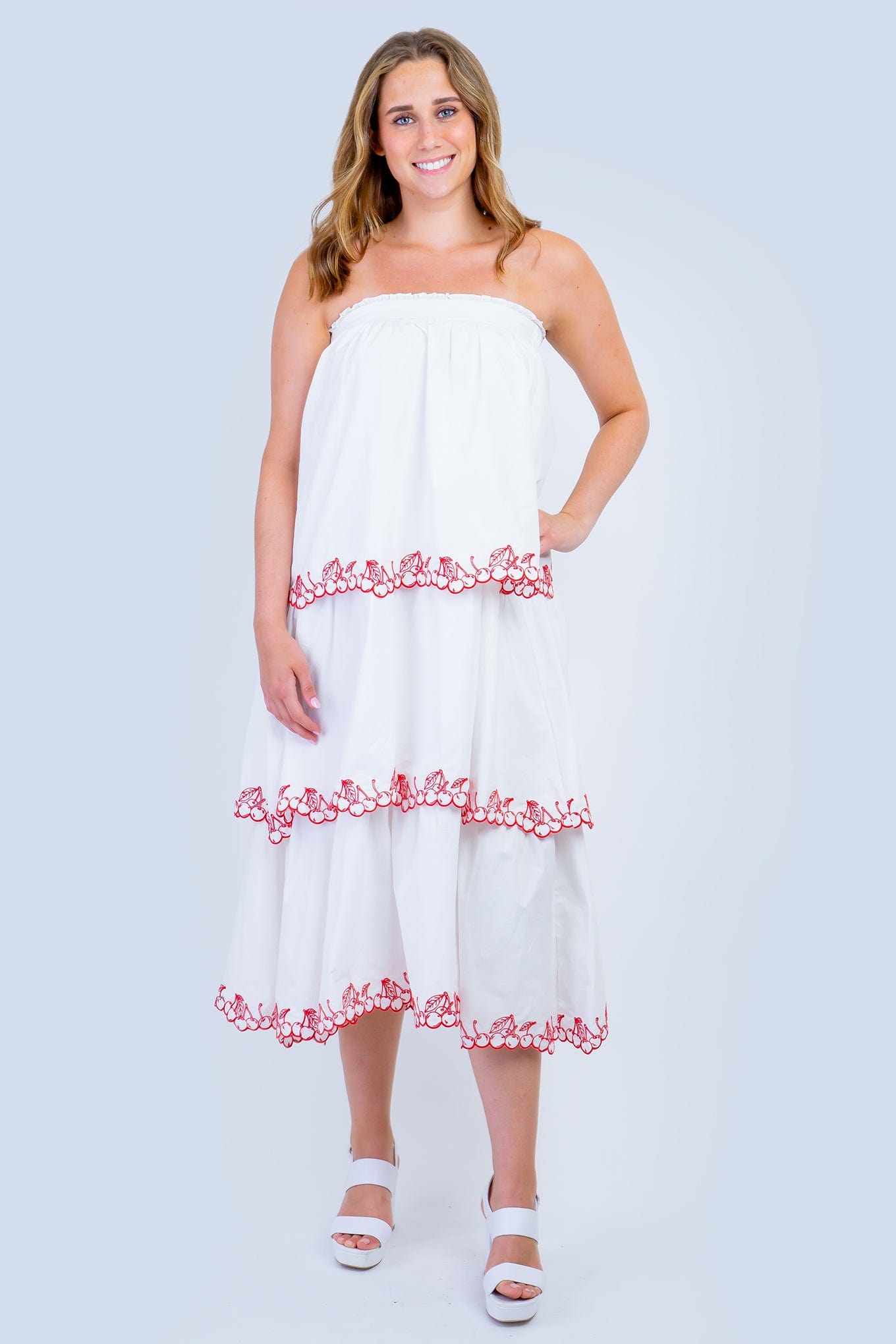 DCD DRESSES White Strapless Cherries Tiered Dress
