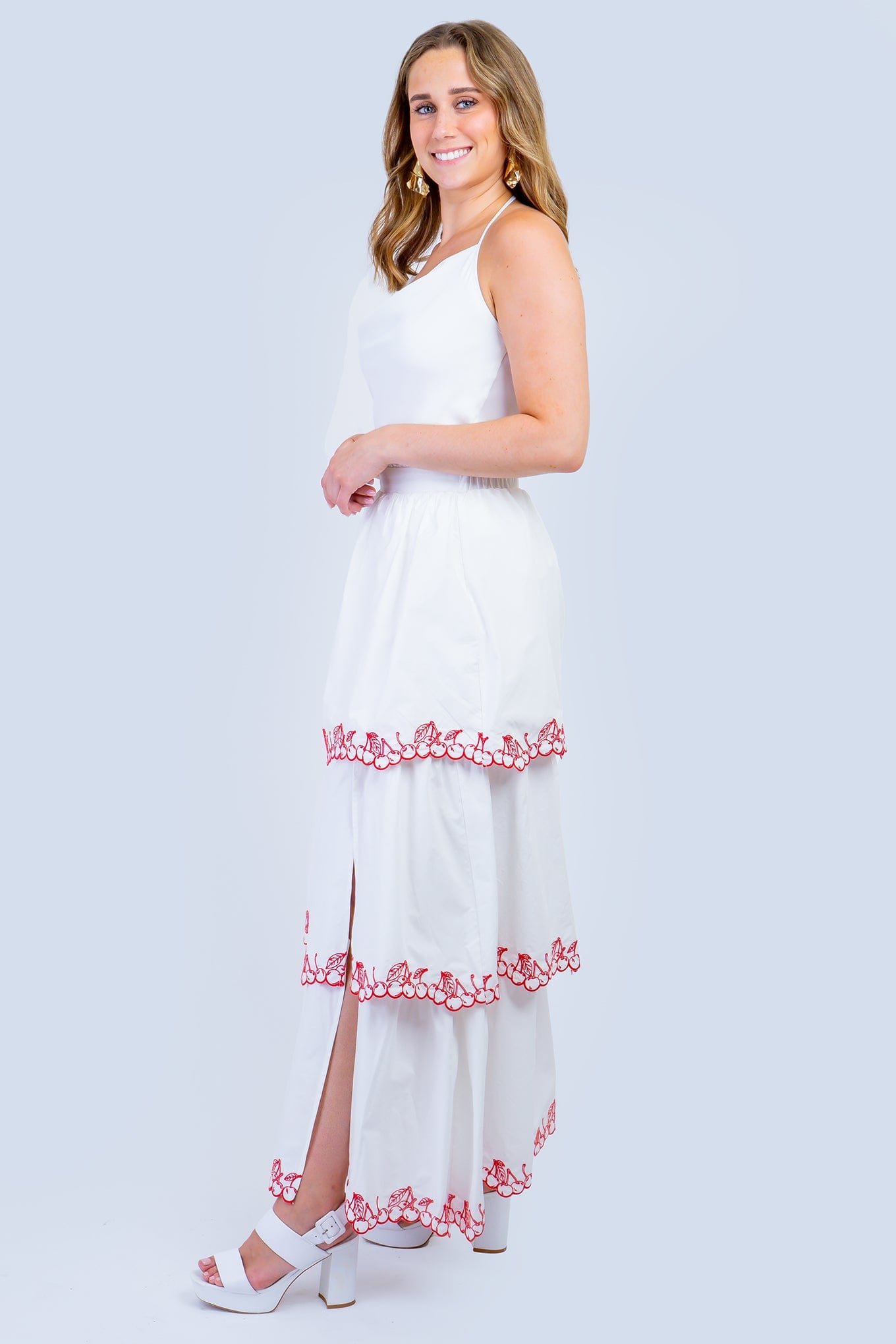 DCD DRESSES White Strapless Cherries Tiered Dress