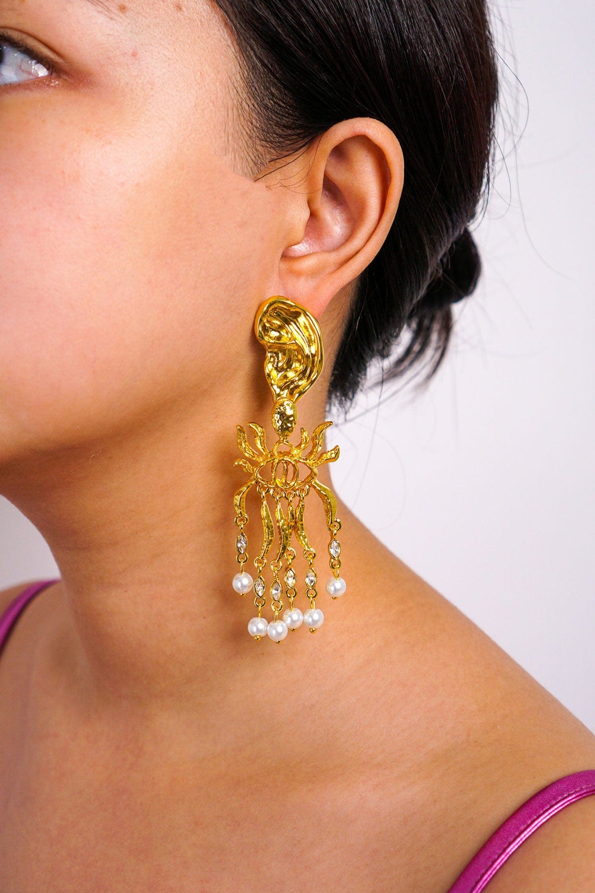 DCD EARRINGS Gold and Pearl Geometric Ear Tassel Earrings