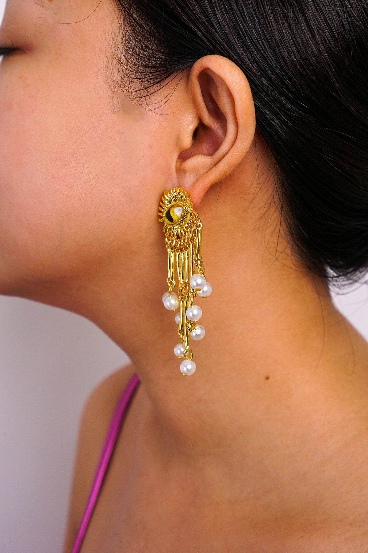 DCD EARRINGS Gold Pearl Tassel Eye Drop Earrings