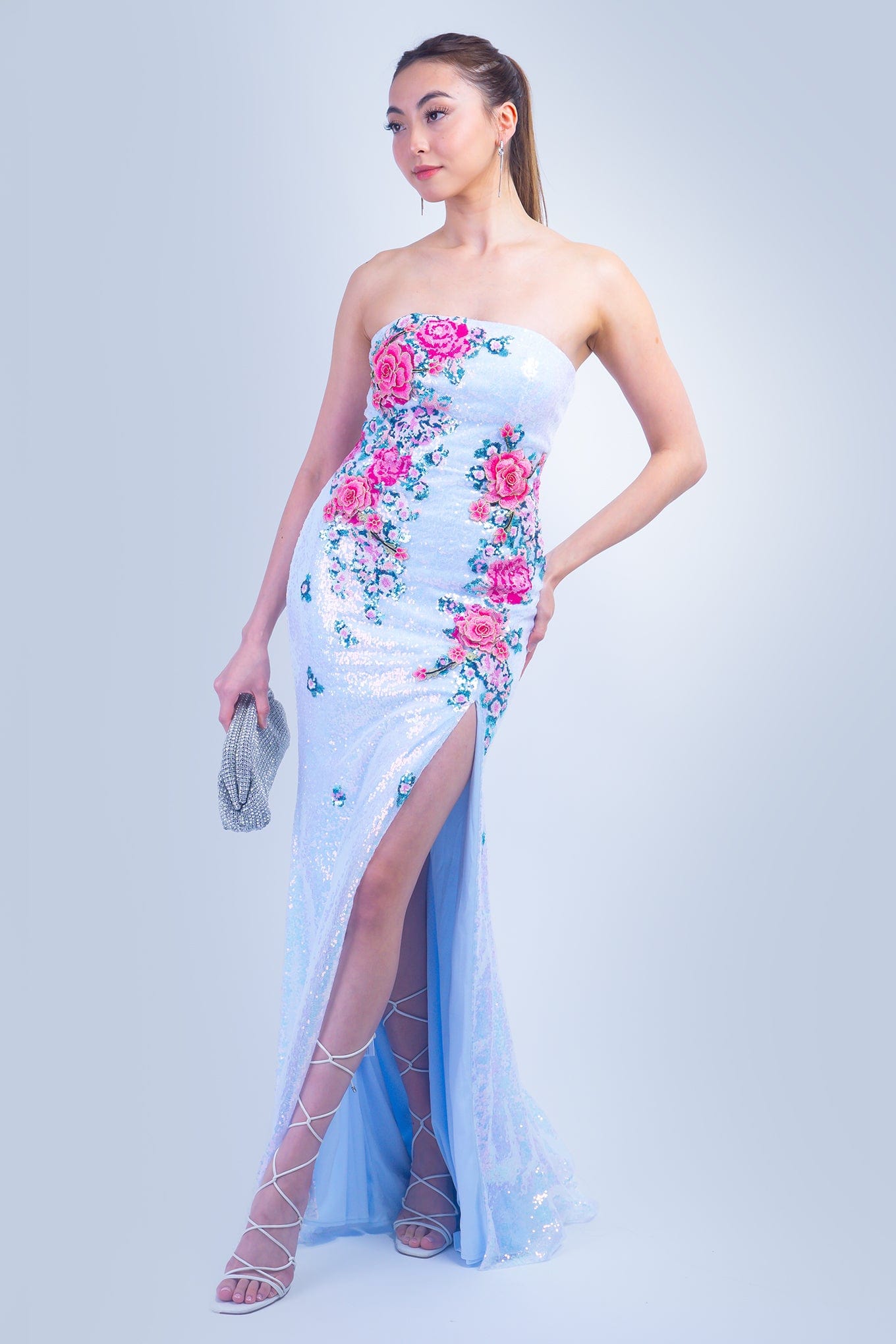 DCD GOWNS Aqua Floral Sequins Strapless Gown