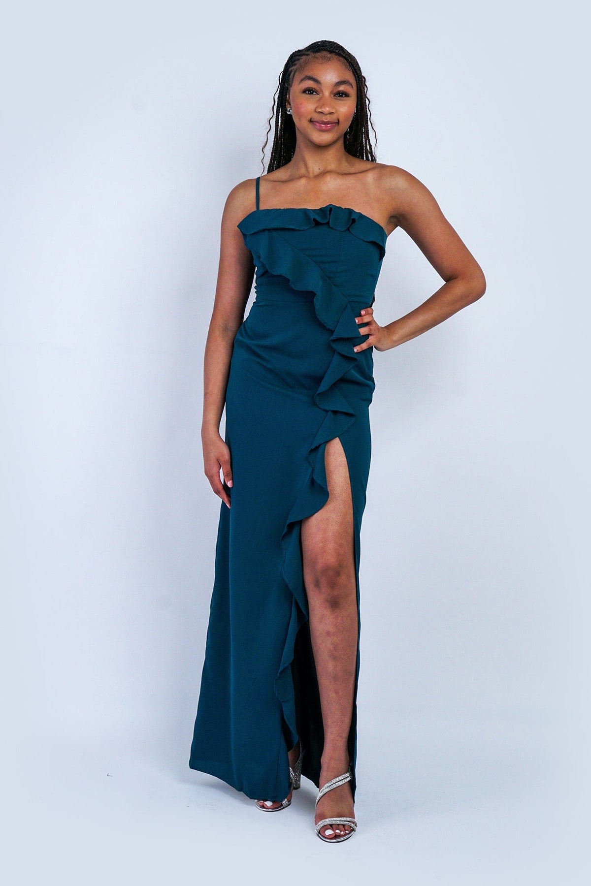 DCD GOWNS Deep Teal One Shoulder Delicate Ruffle Gown