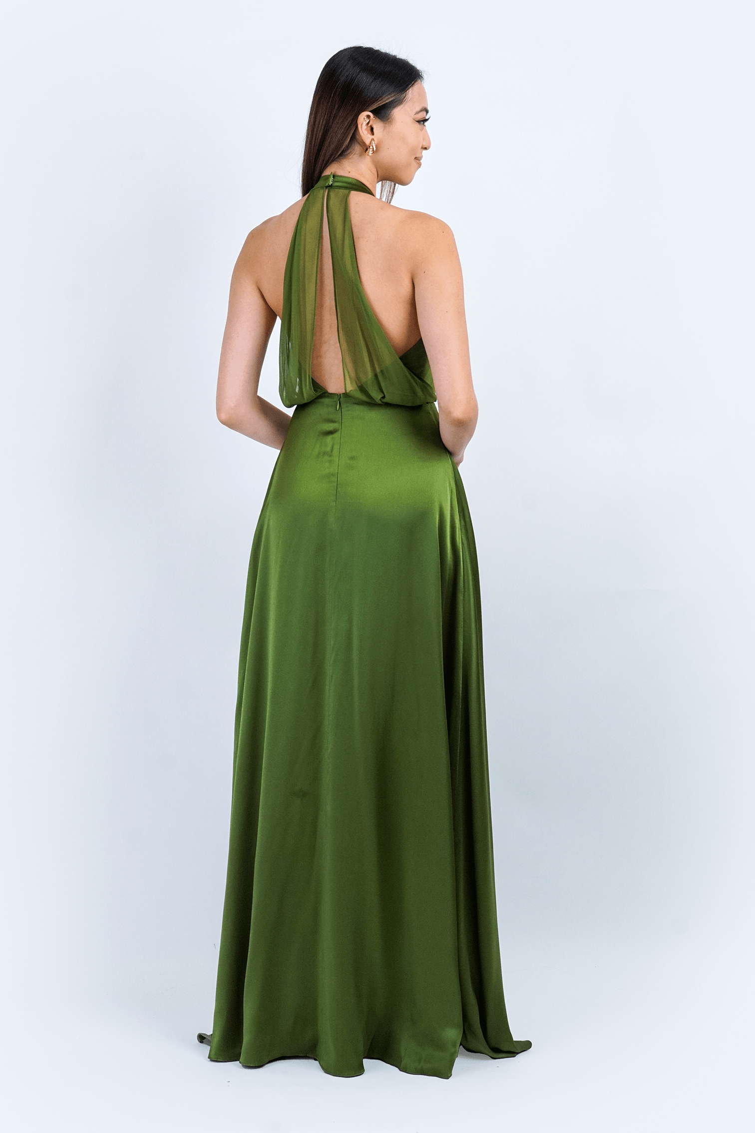 DCD GOWNS Olive Green Silk Open Back Kylie Gown