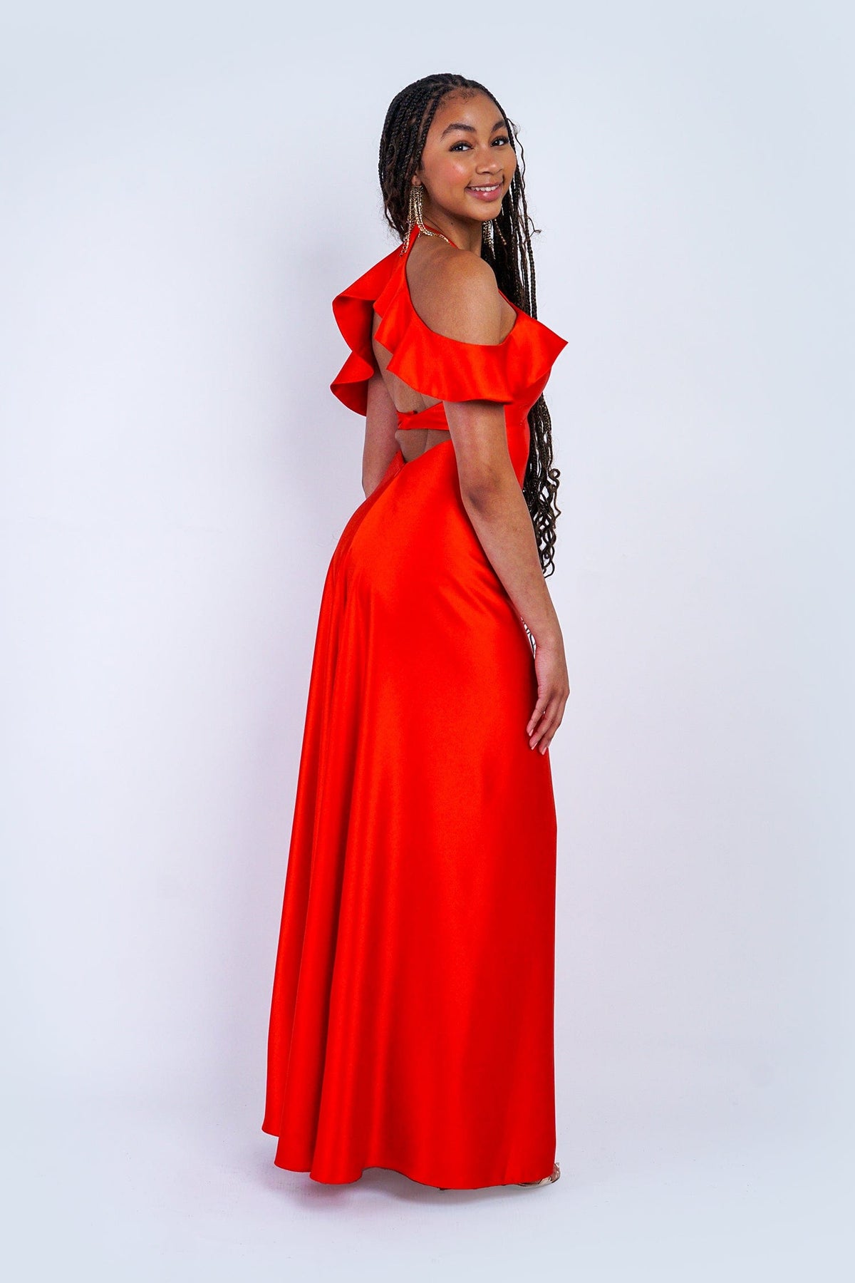 Chloe Dao GOWNS Red Orange Off Shoulder Ruffle Kai Gown