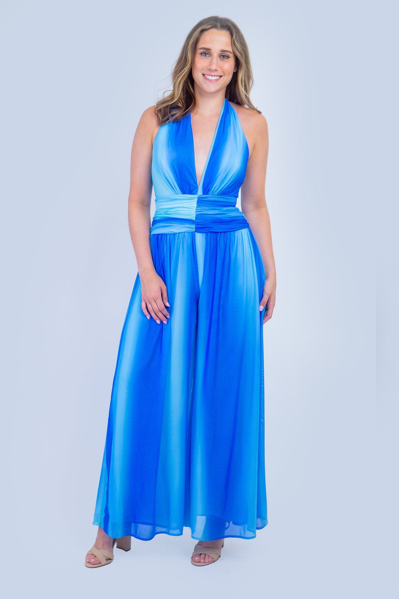 DCD JUMPSUITS Blue Ombre Halter Mesh Jumpsuit