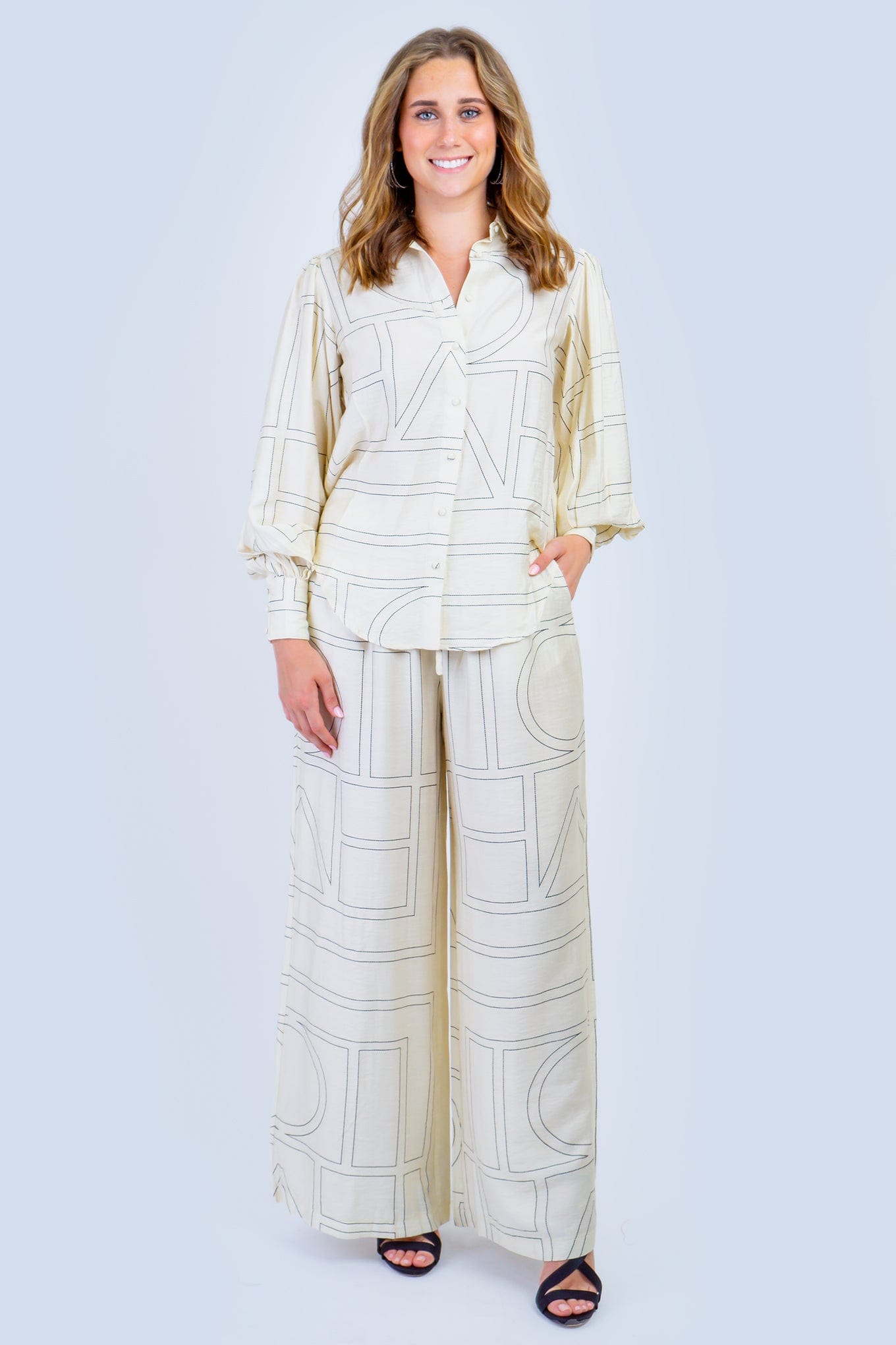 DCD PANTS Cream and Black Linear Abstract Pants