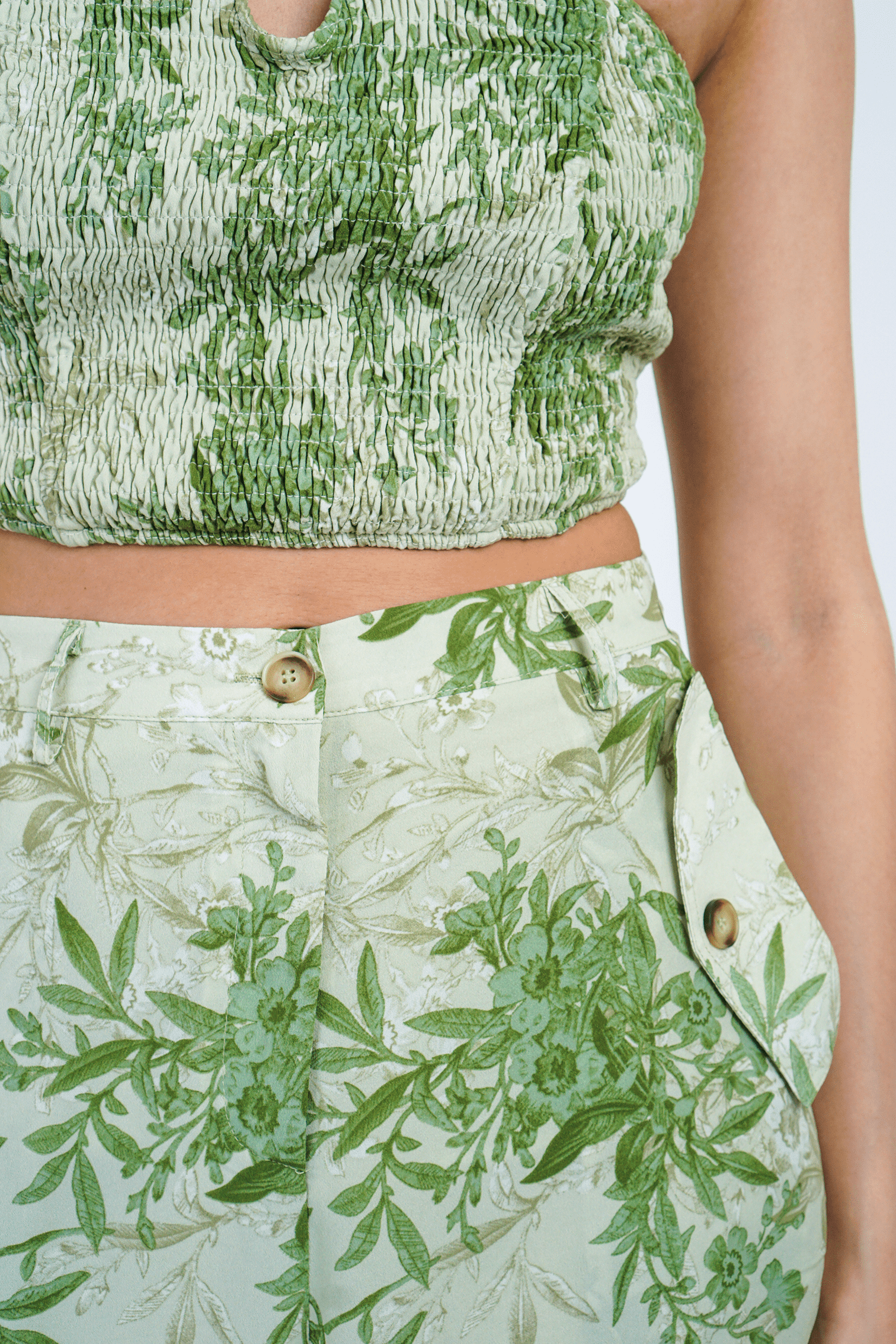 Chloe Dao Boutique SHORTS Ivory Green Tube Smocked Top & High Waisted Long Pants Set