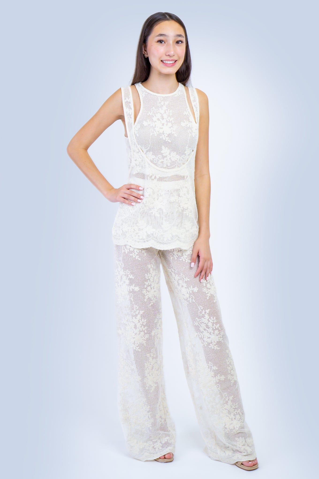 DCD TOPS Natural Appliqué Lace Overlay Top