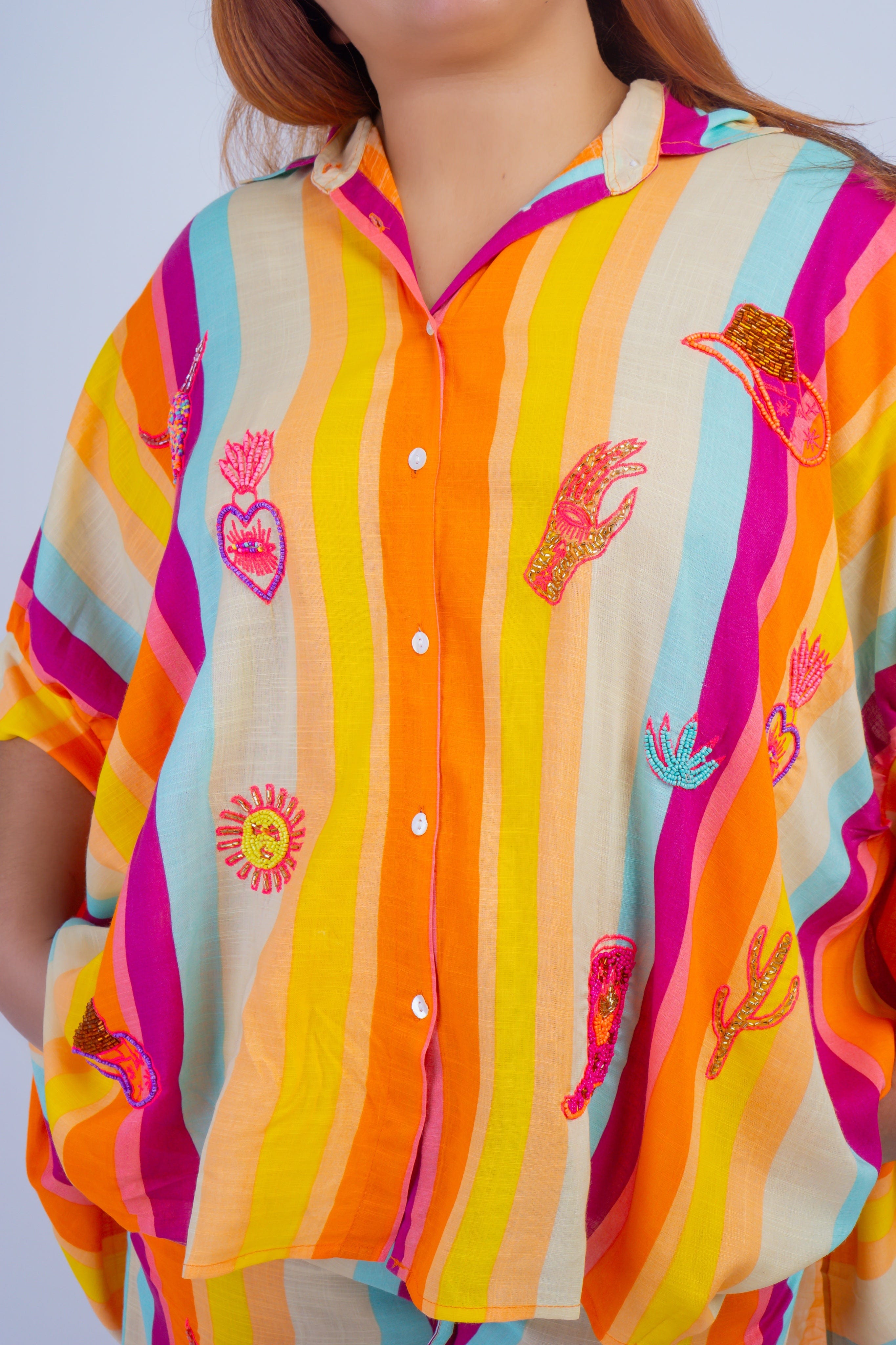 DCD TOPS ONE SIZE Multi Stripes Beaded Western Top