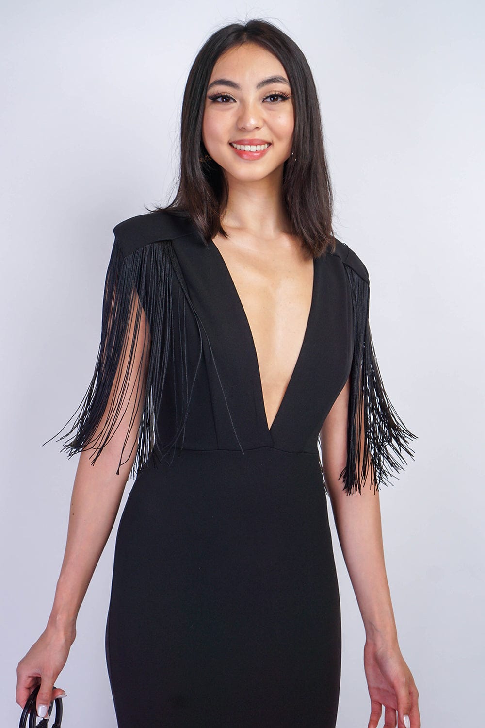Dresses Black Fringe Sleeve Deep V Neck Gown - Chloe Dao