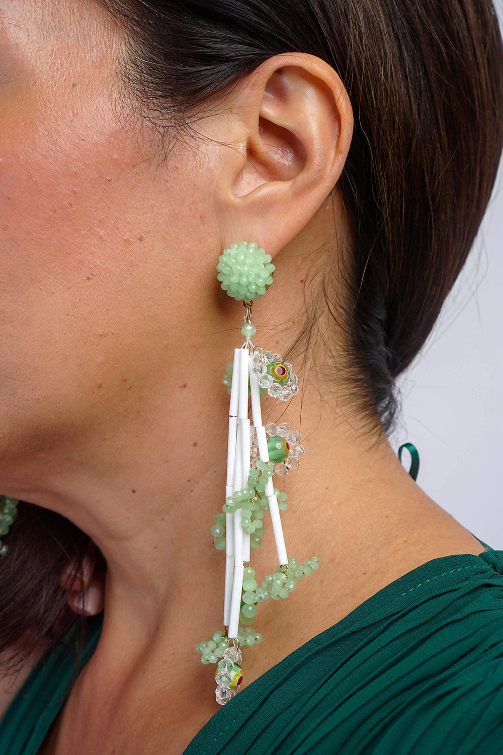EARRINGS Green Crystal Beaded Braided Flower Drop Earrings - Chloe Dao