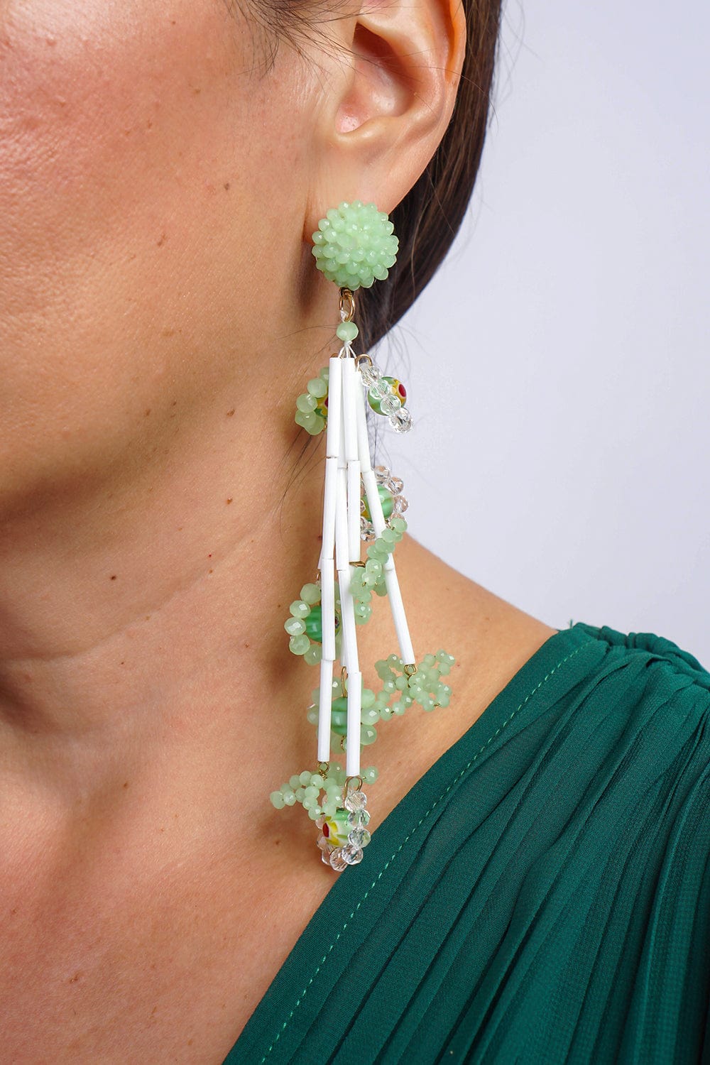 EARRINGS Green Crystal Beaded Braided Flower Drop Earrings - Chloe Dao
