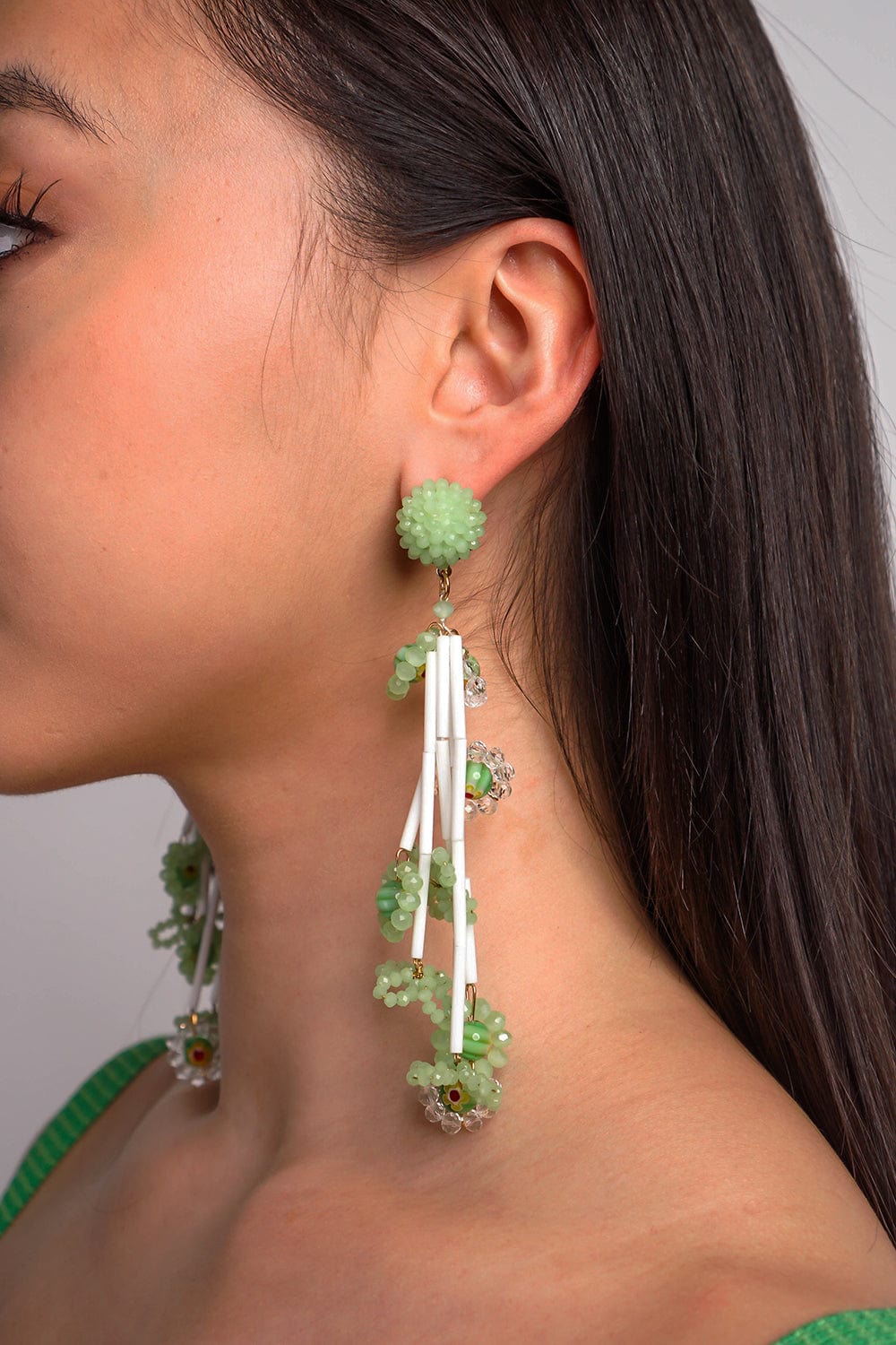 DCD EARRINGS Green Crystal Beaded Braided Flower Drop Earrings