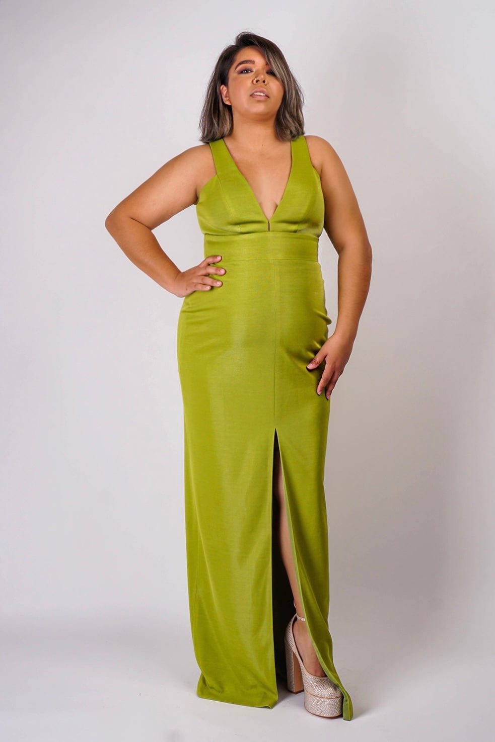 DCD GOWNS Chartreuse Luxe Slim V Neck Sonaya Gown