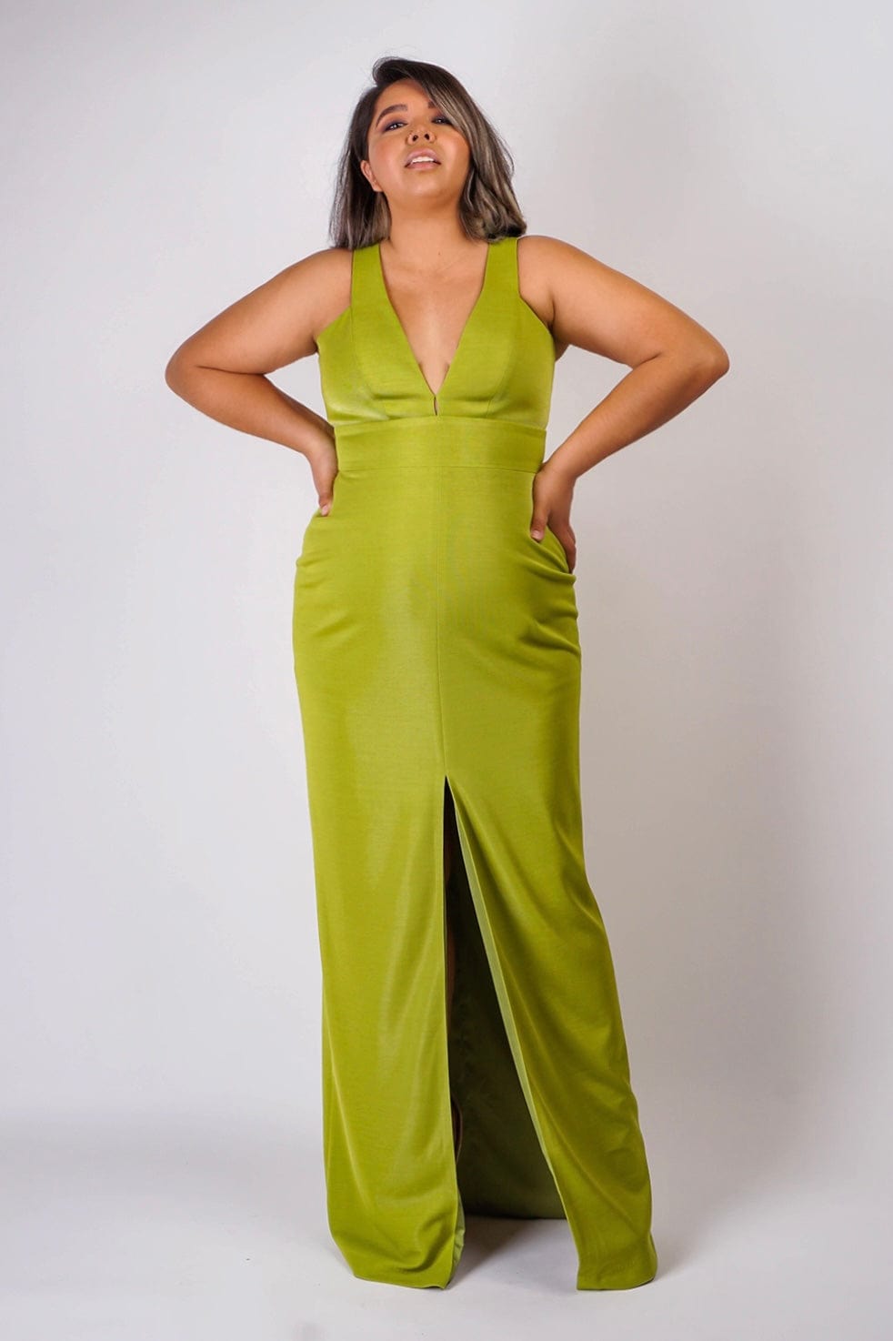 DCD GOWNS Chartreuse Luxe Slim V Neck Sonaya Gown