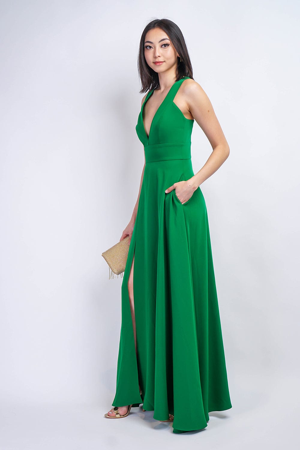 GOWNS Kelly Green V Neck Front Slit Soraya Gown - Chloe Dao
