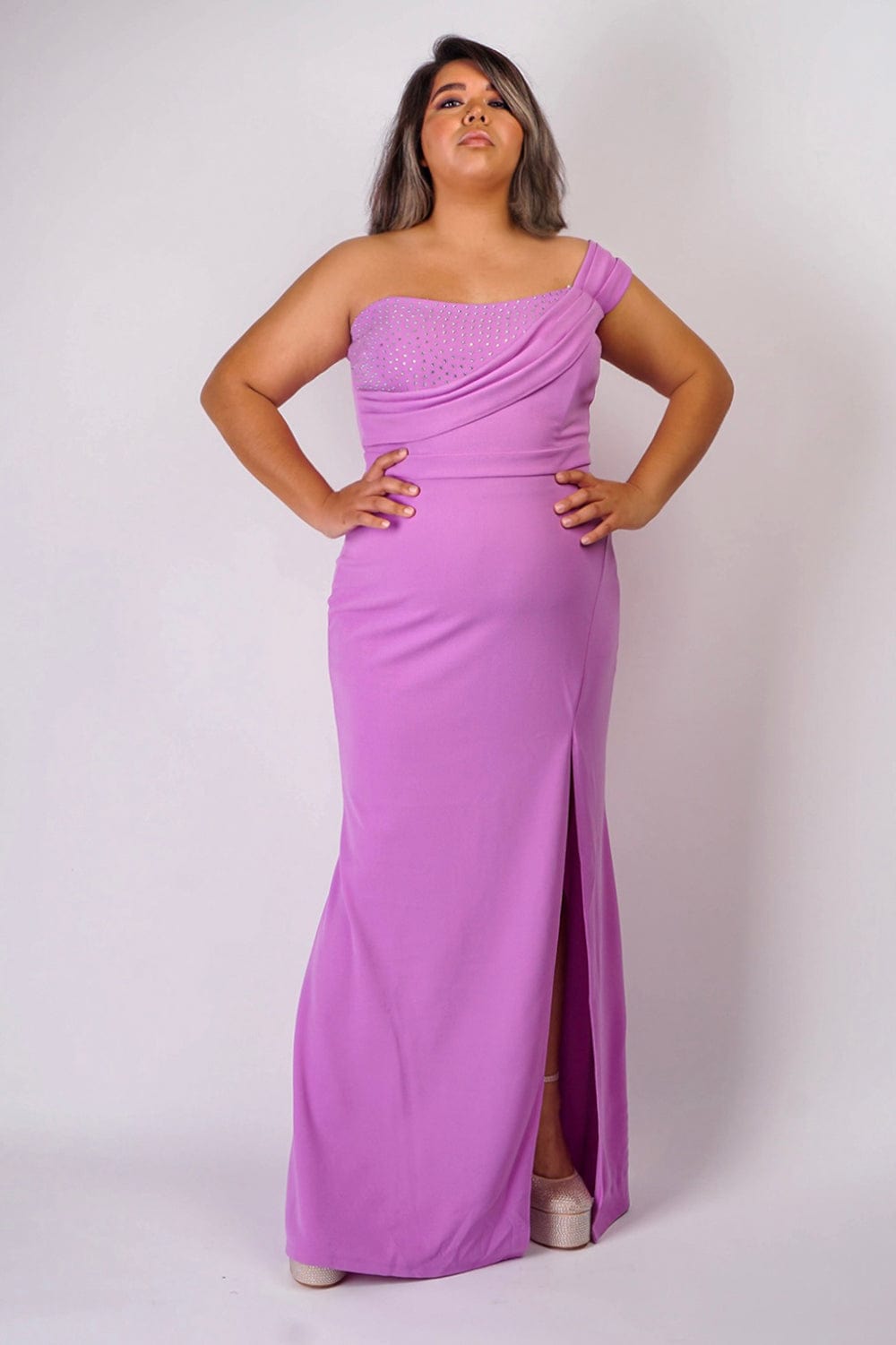 DCD GOWNS Plus Lavender One Shoulder Drape with Rhinestone Gown