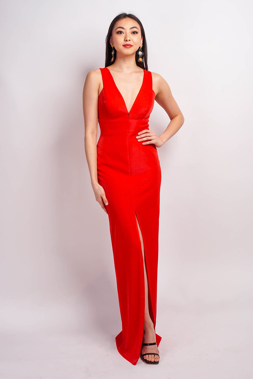DCD GOWNS Red Luxe V Neck Front Slit Gown