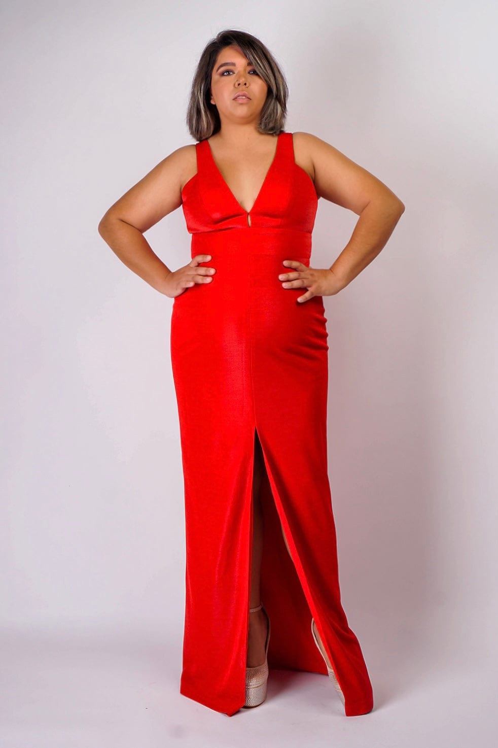 DCD GOWNS Red Luxe V Neck Front Slit Gown